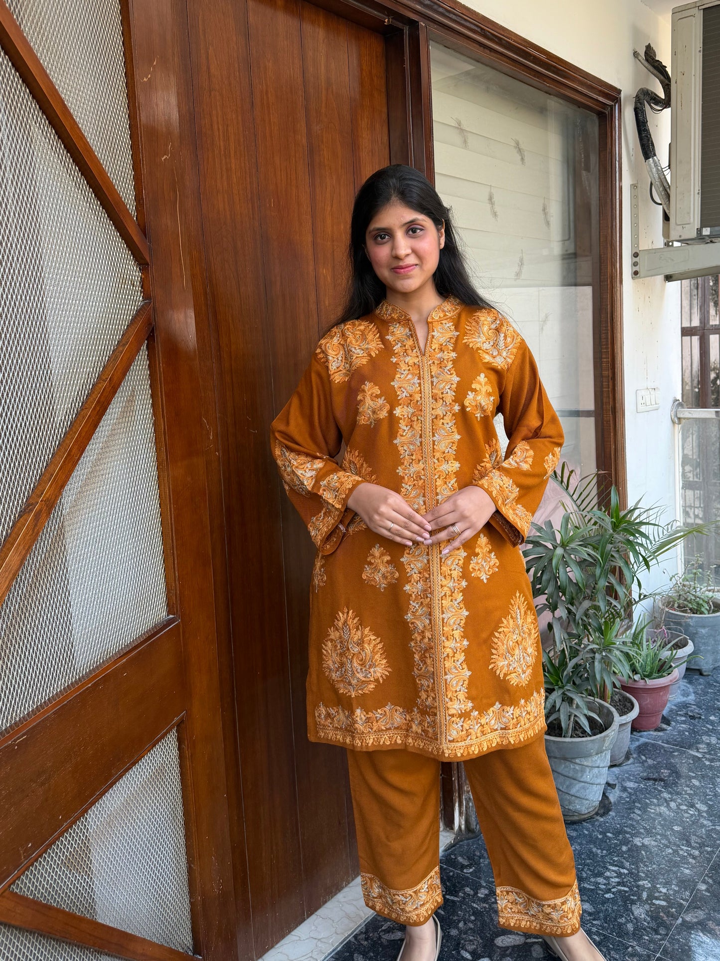 Pashmina hand embroidered designer coord set with aari work