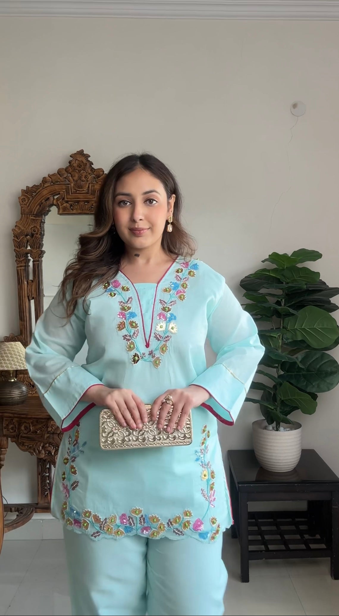 Cotton Co-ord Set for Women – Hand Embellished Mirror Work Kurta Set