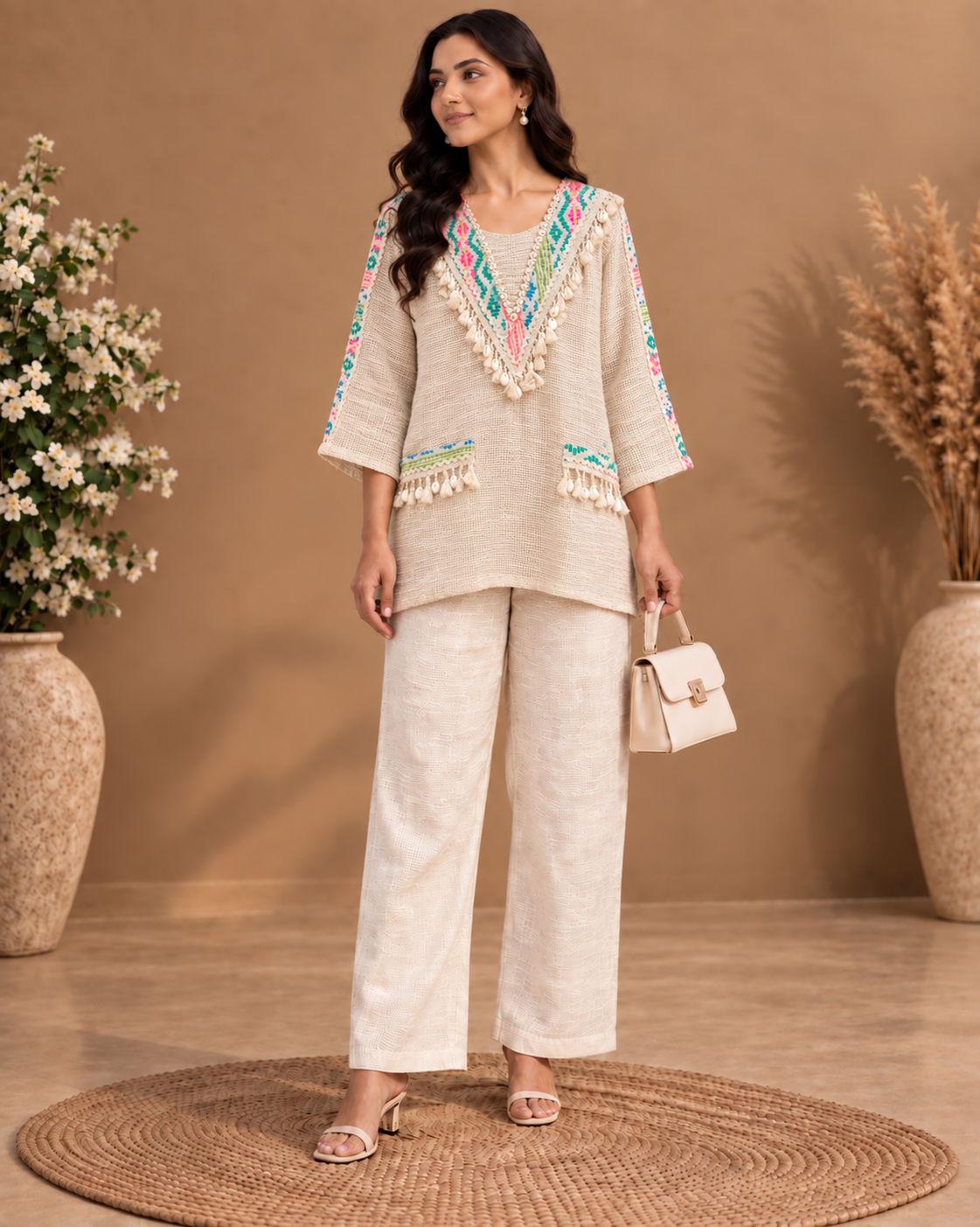 Women Jute Floral Beige Coord Set
