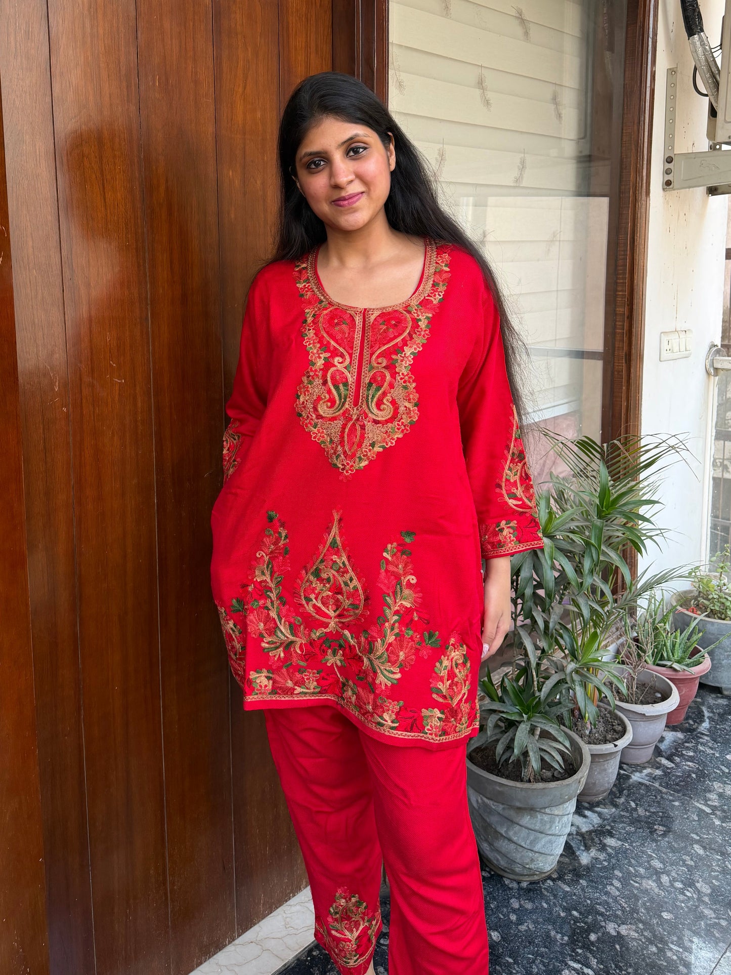 Pure wool hand embroidered aari work designer coord set