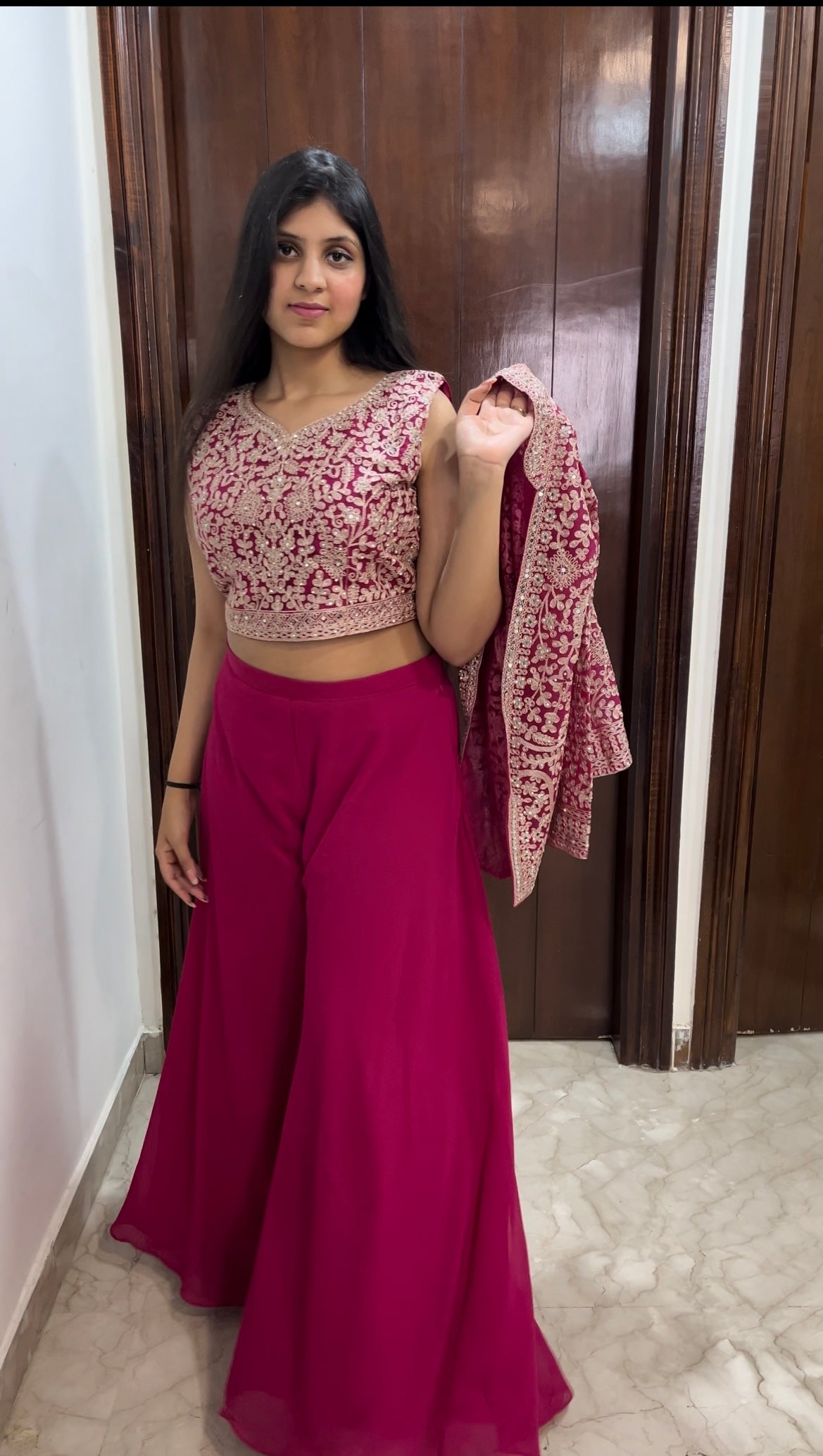 Hand embellished jacket with crop top and sharara - 3 piece indo western dress