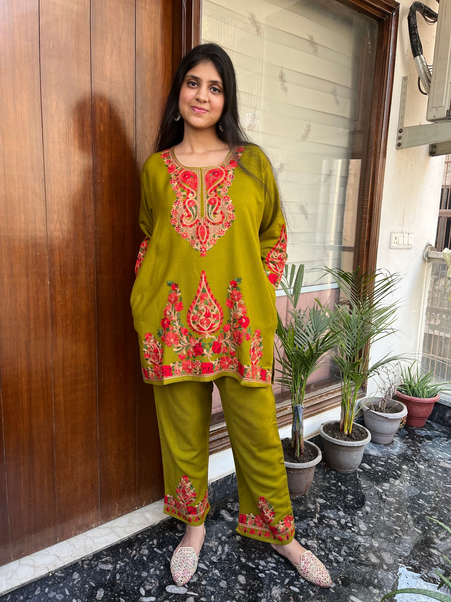 Pure wool hand embroidered aari work designer coord set