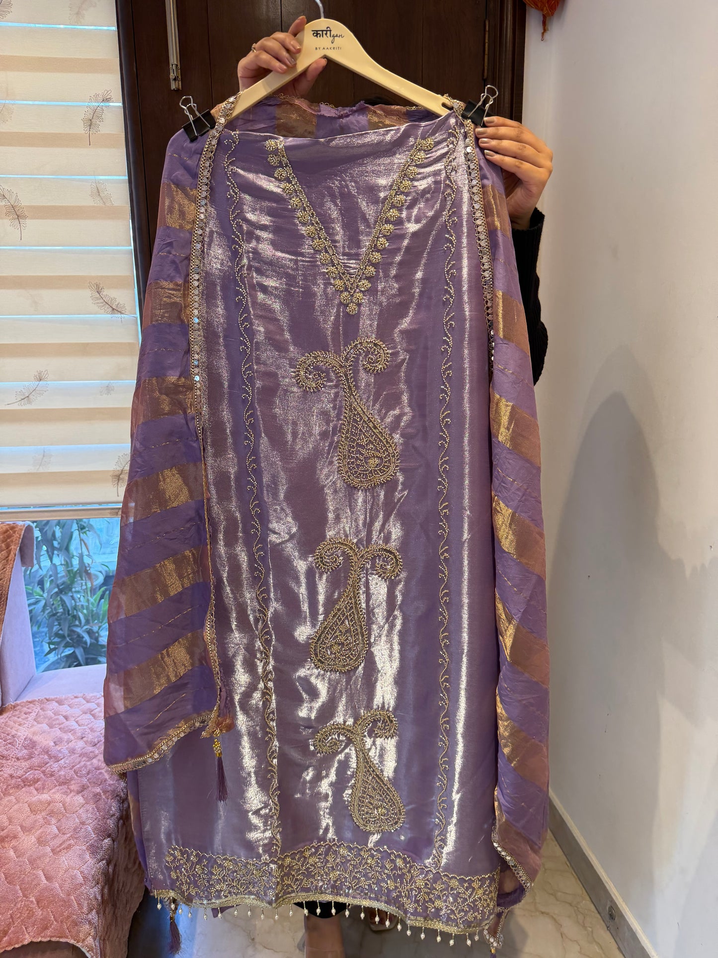 `Maisha’ Glass silk designer 3 piece suit set with handwork