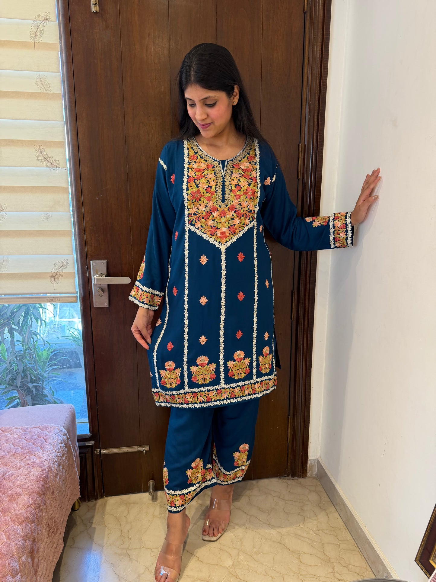 Designer Aari Embroidered Suit Set for Women – 3 Piece Kurta, Pant & Dupatta