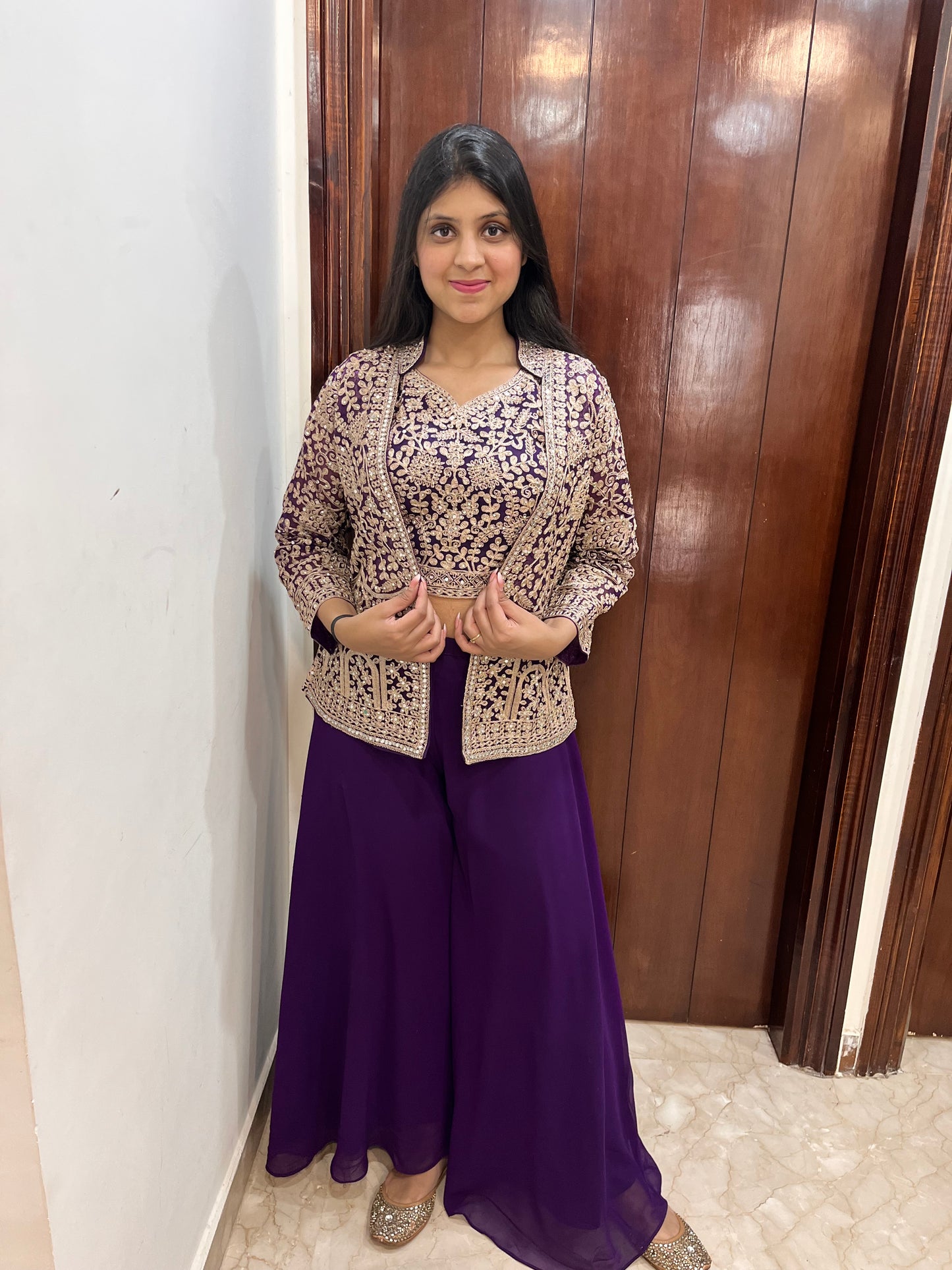 Hand embellished jacket with crop top and sharara - 3 piece indo western dress
