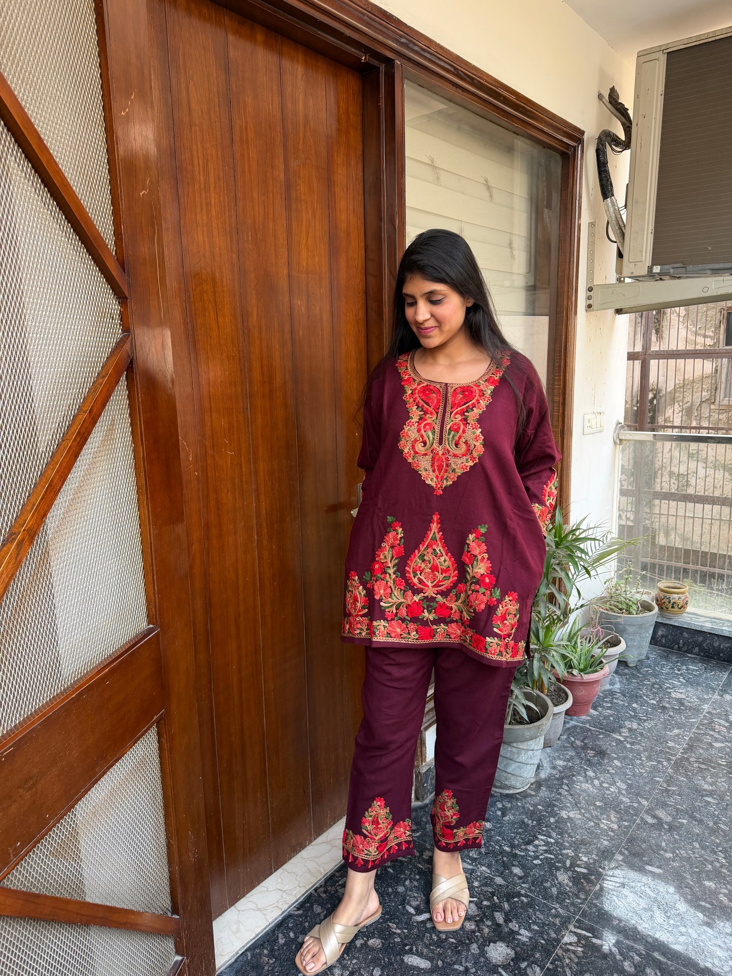 Pure wool hand embroidered aari work designer coord set