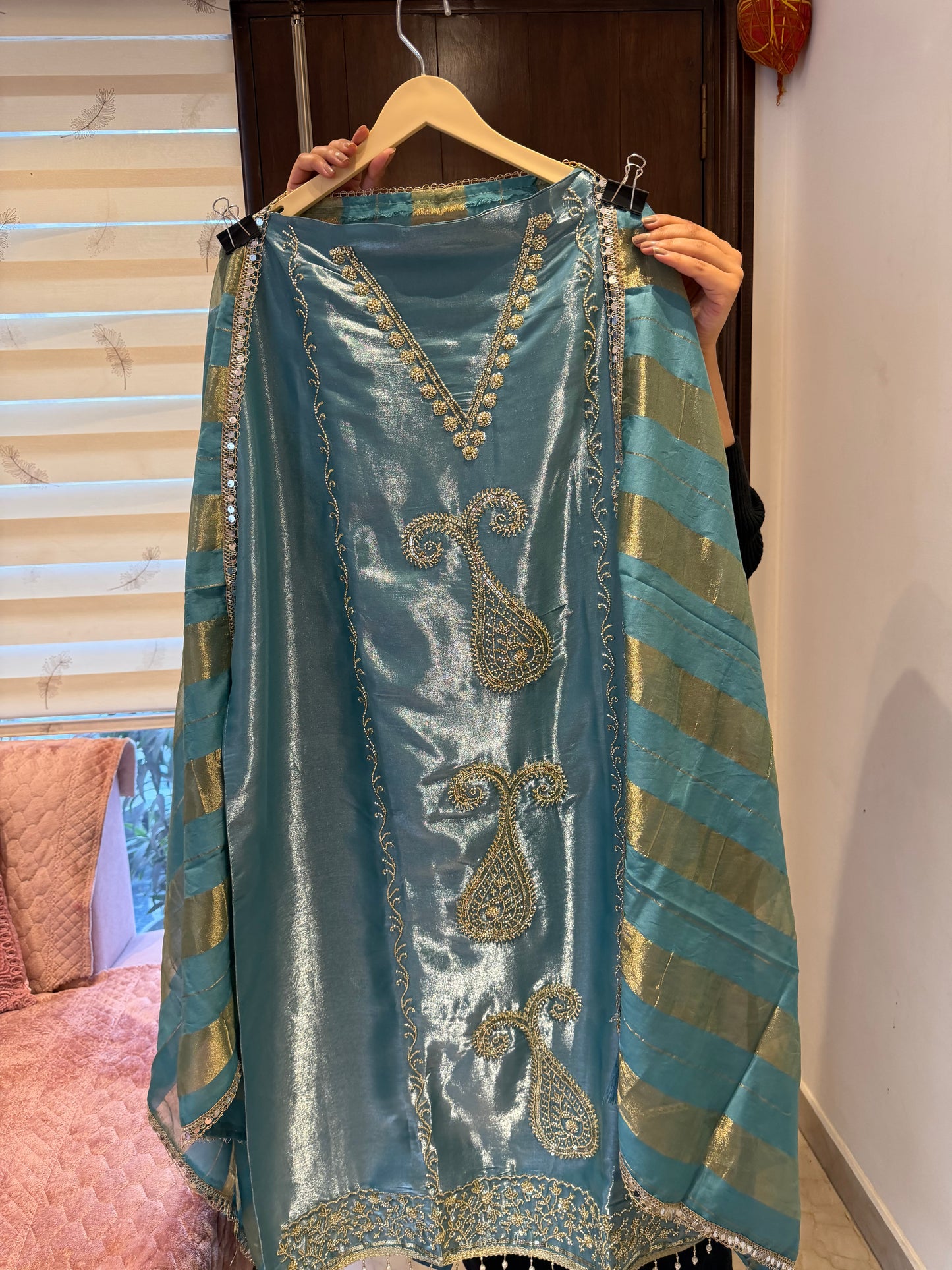 `Maisha’ Glass silk designer 3 piece suit set with handwork