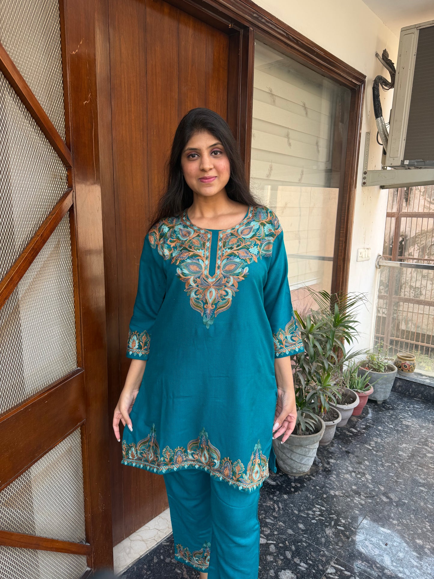 Pure wool hand embroidered aari work designer coord set