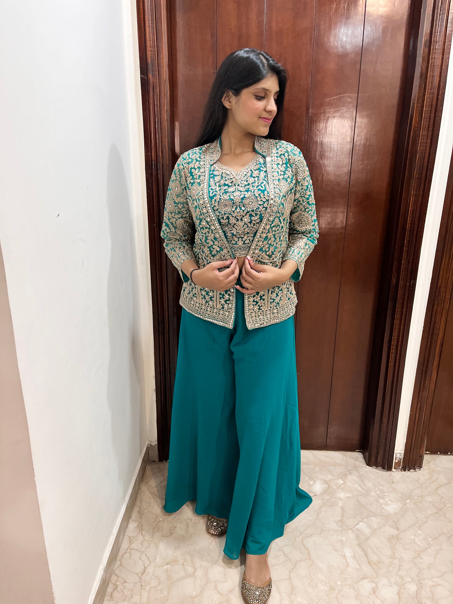 Hand embellished jacket with crop top and sharara - 3 piece indo western dress