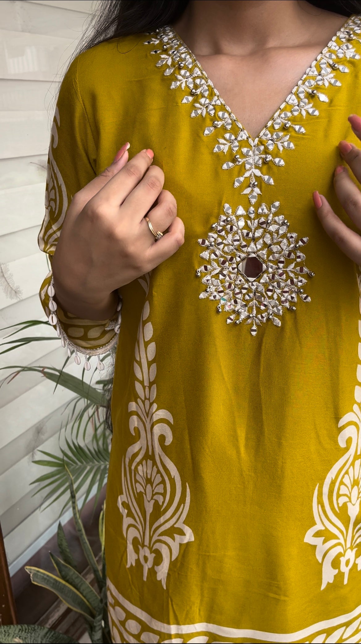 Yellow Embroidered Co-ord Set with Cowrie Shells