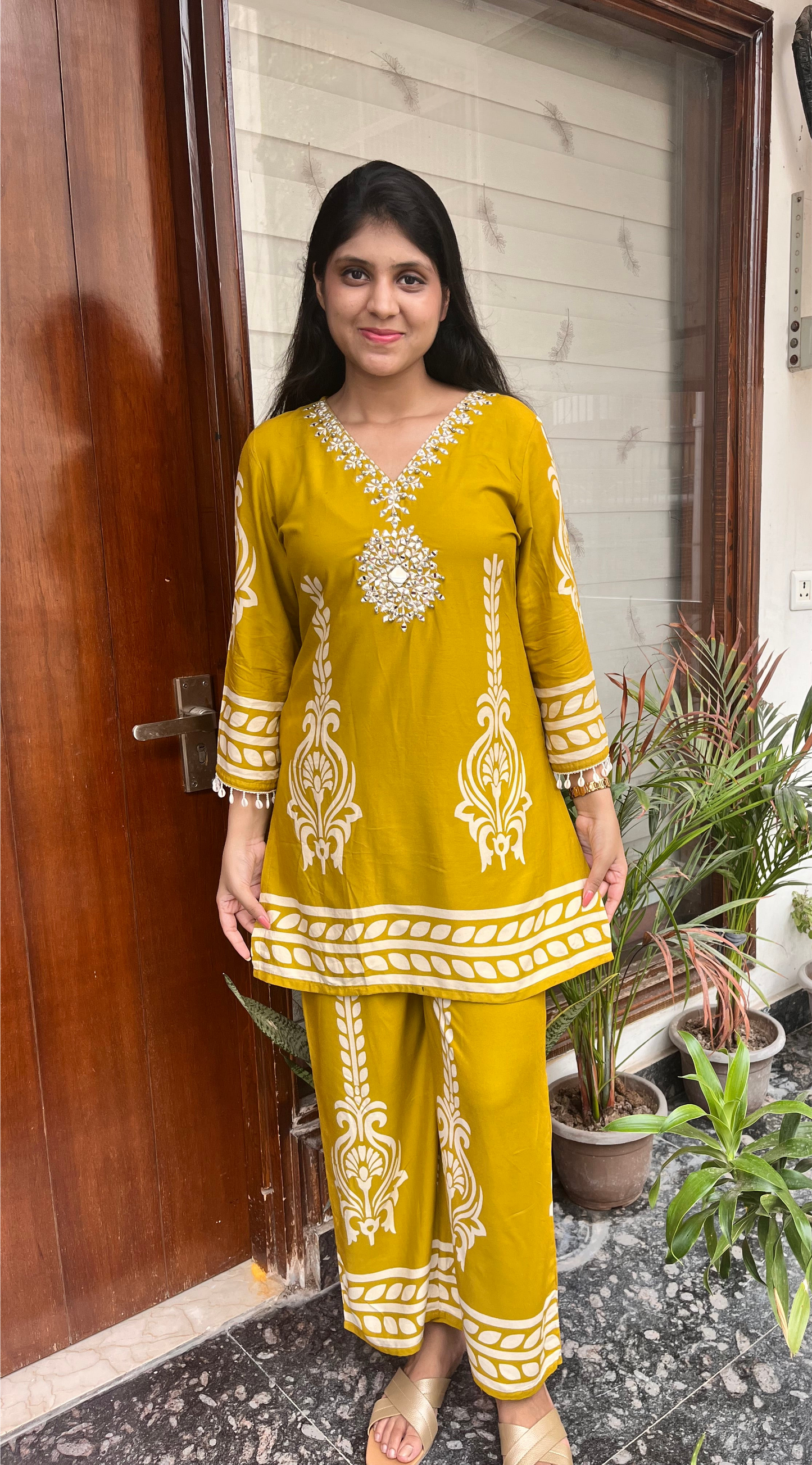 Yellow Embroidered Co-ord Set with Cowrie Shells