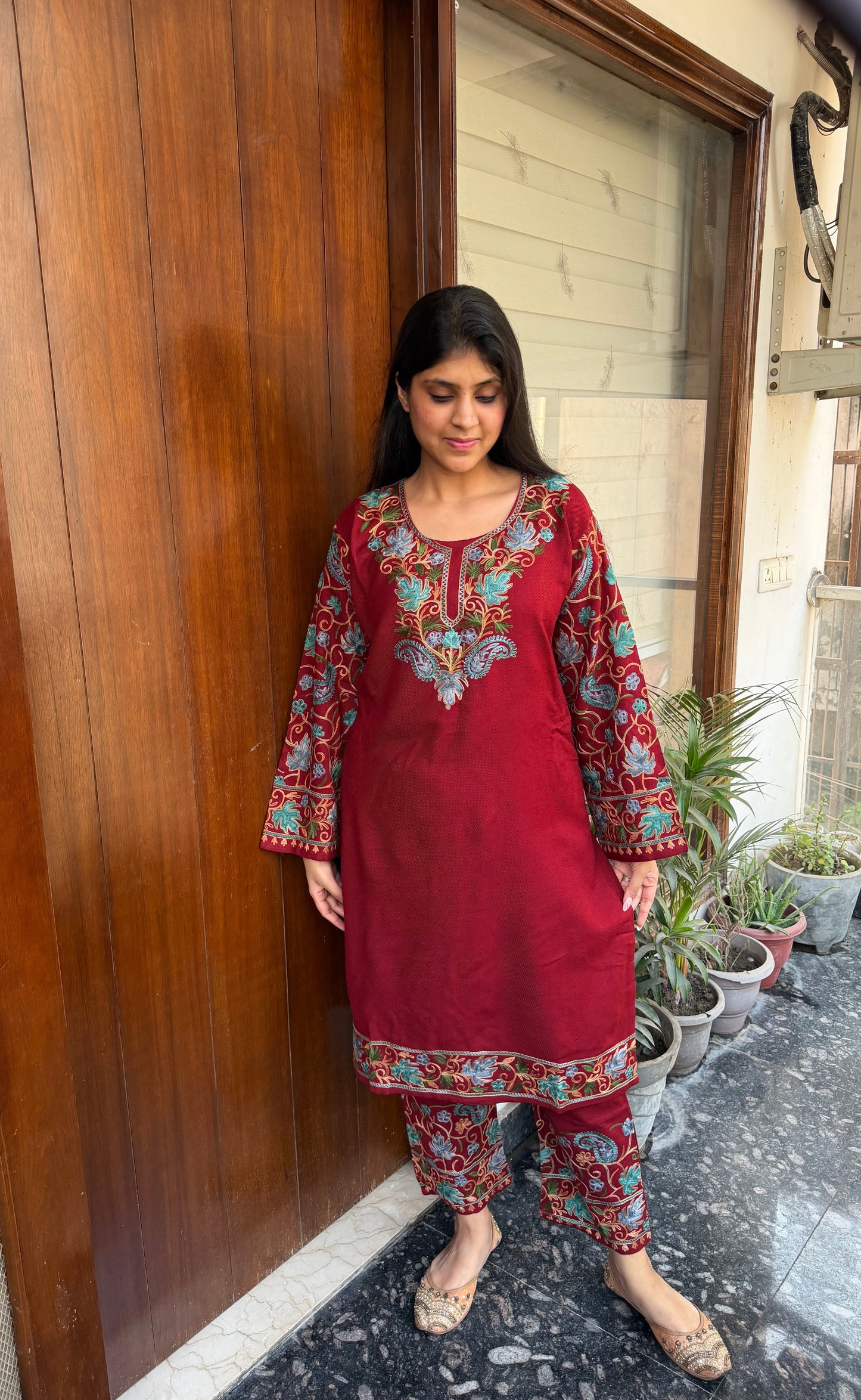 Pure wool hand embroidered aari work designer coord set