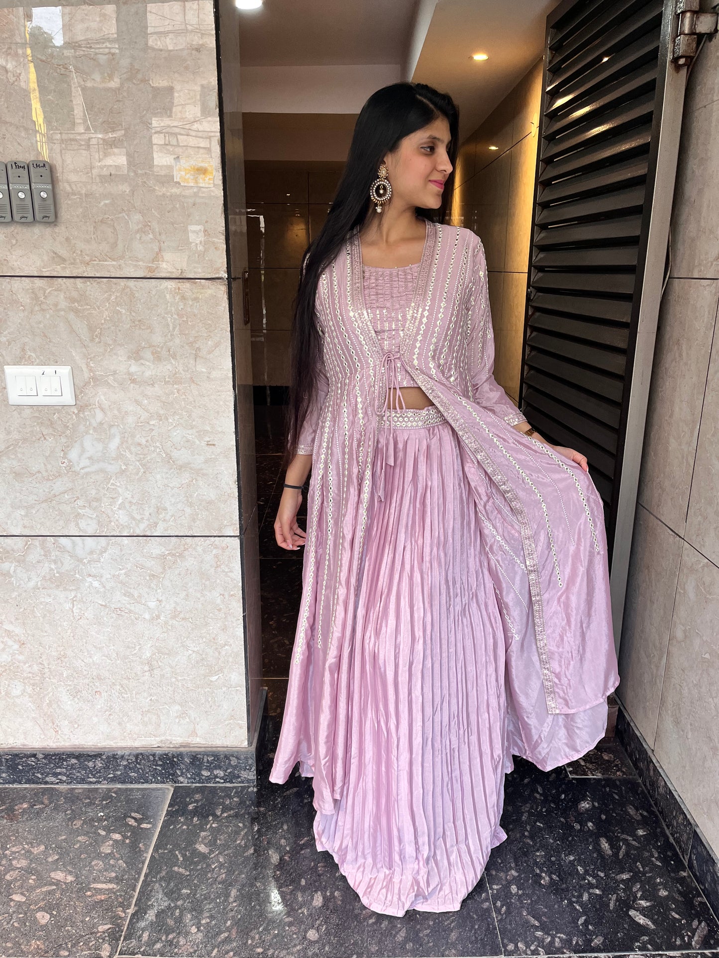 Hand embellished cape set with crop top and skirt