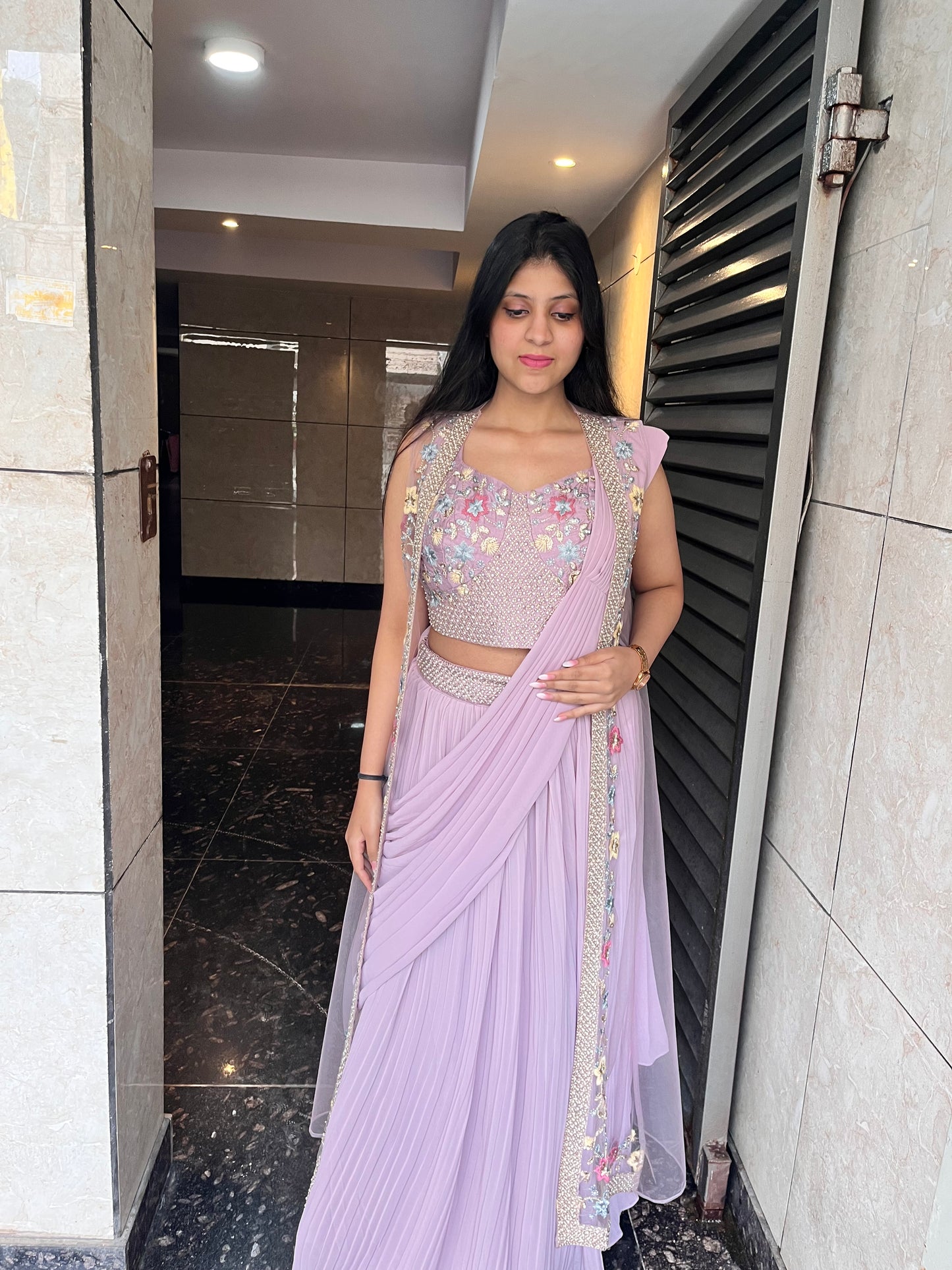 Designer cape set with crop top and skirt