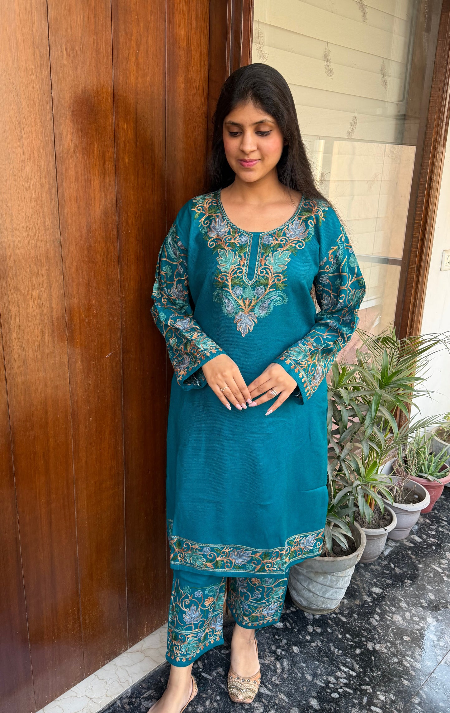 Pure wool hand embroidered aari work designer coord set