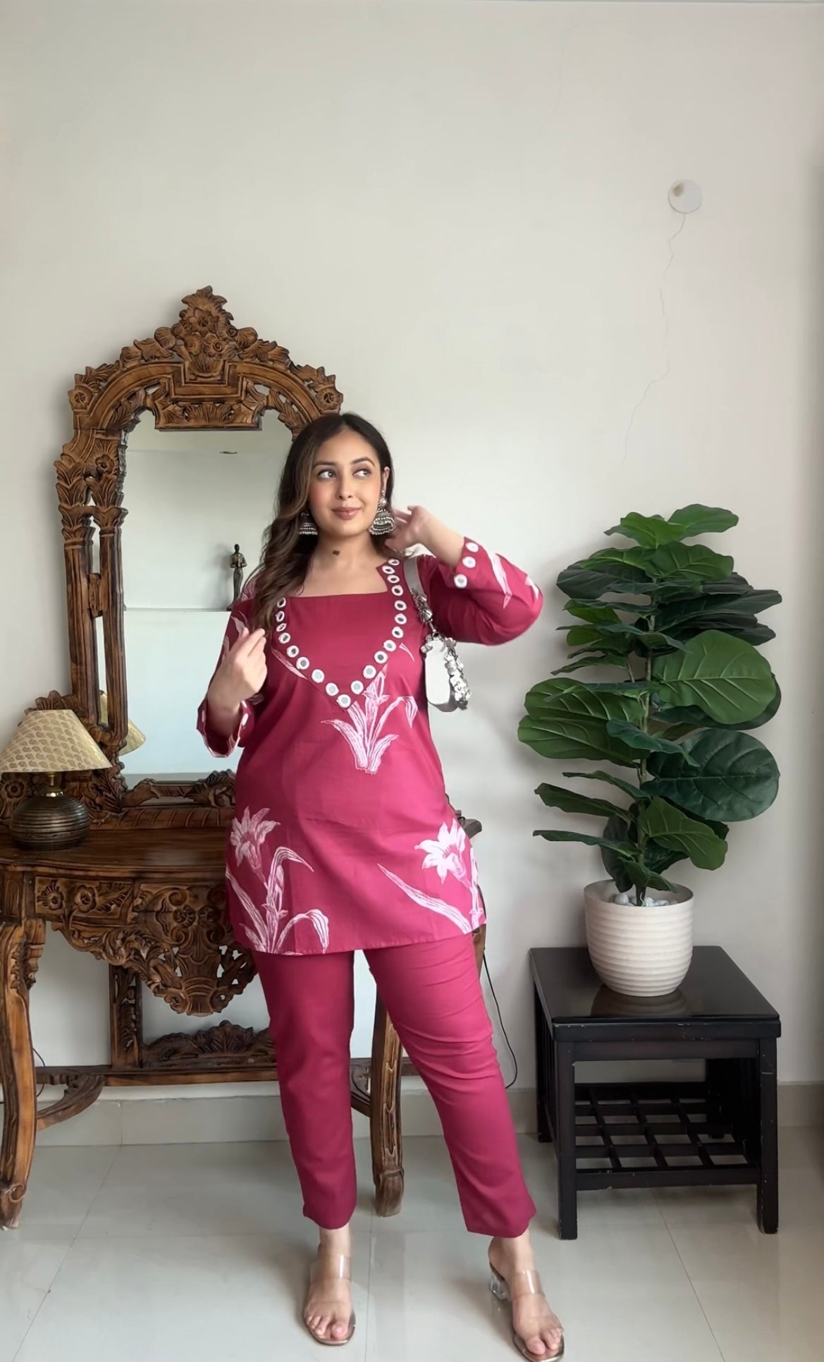 Floral red mul cotton 2 piece coord set