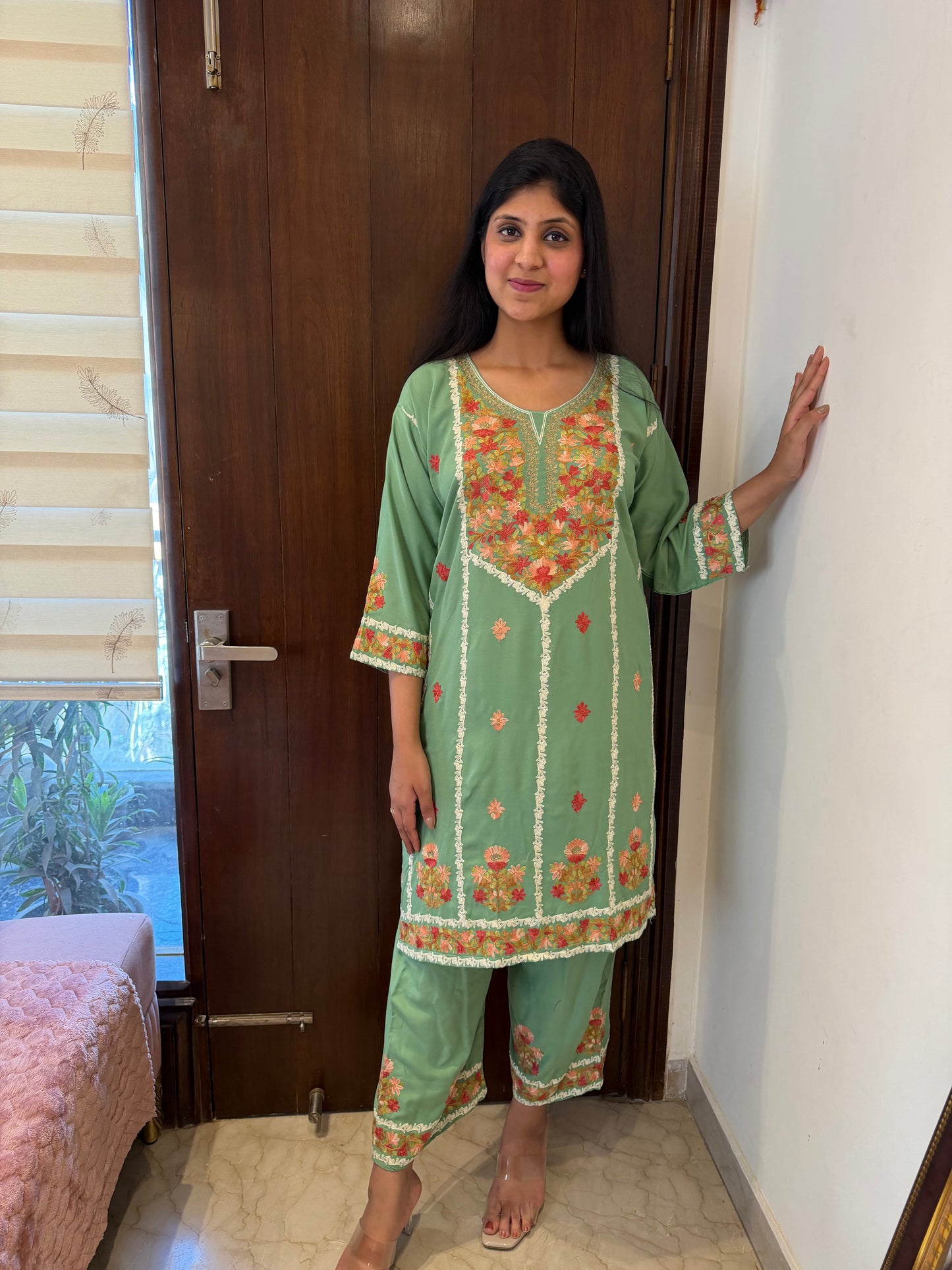 Designer Aari Embroidered Suit Set for Women – 3 Piece Kurta, Pant & Dupatta