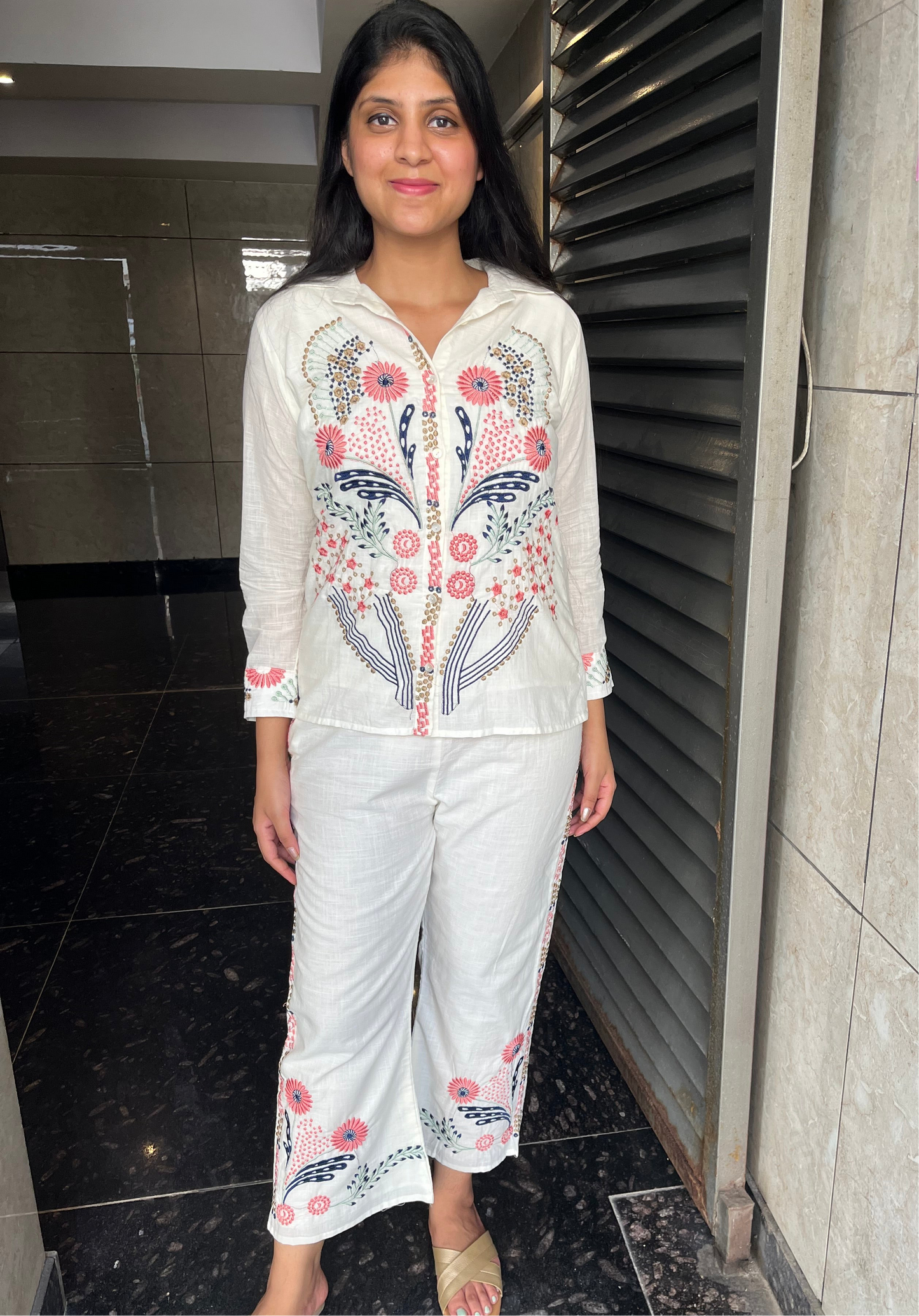 White Embroidered Cotton Mul Co-ord Set- Set of 2