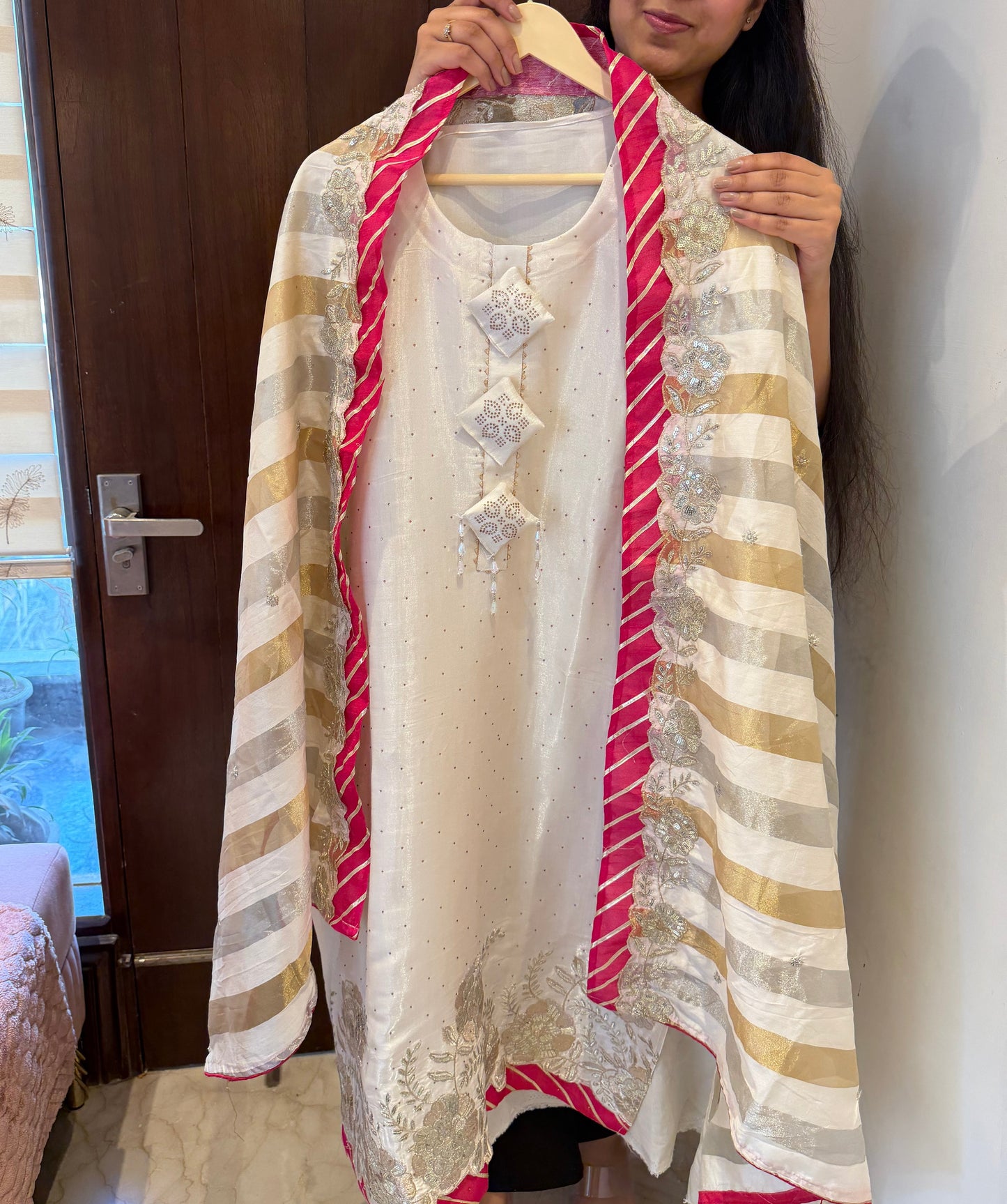 `Maisha’ Designer ivory 3 piece suit set with hand and pearl work