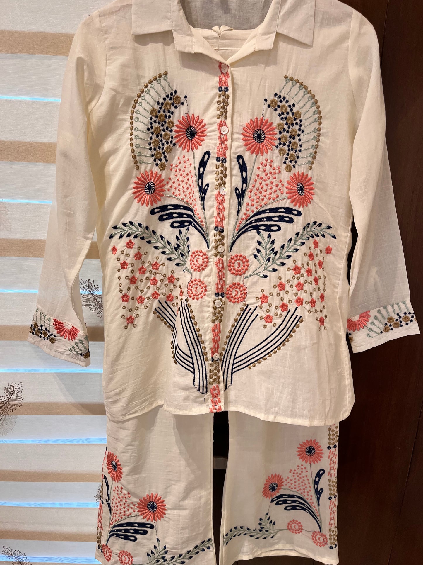 White Embroidered Cotton Mul Co-ord Set- Set of 2