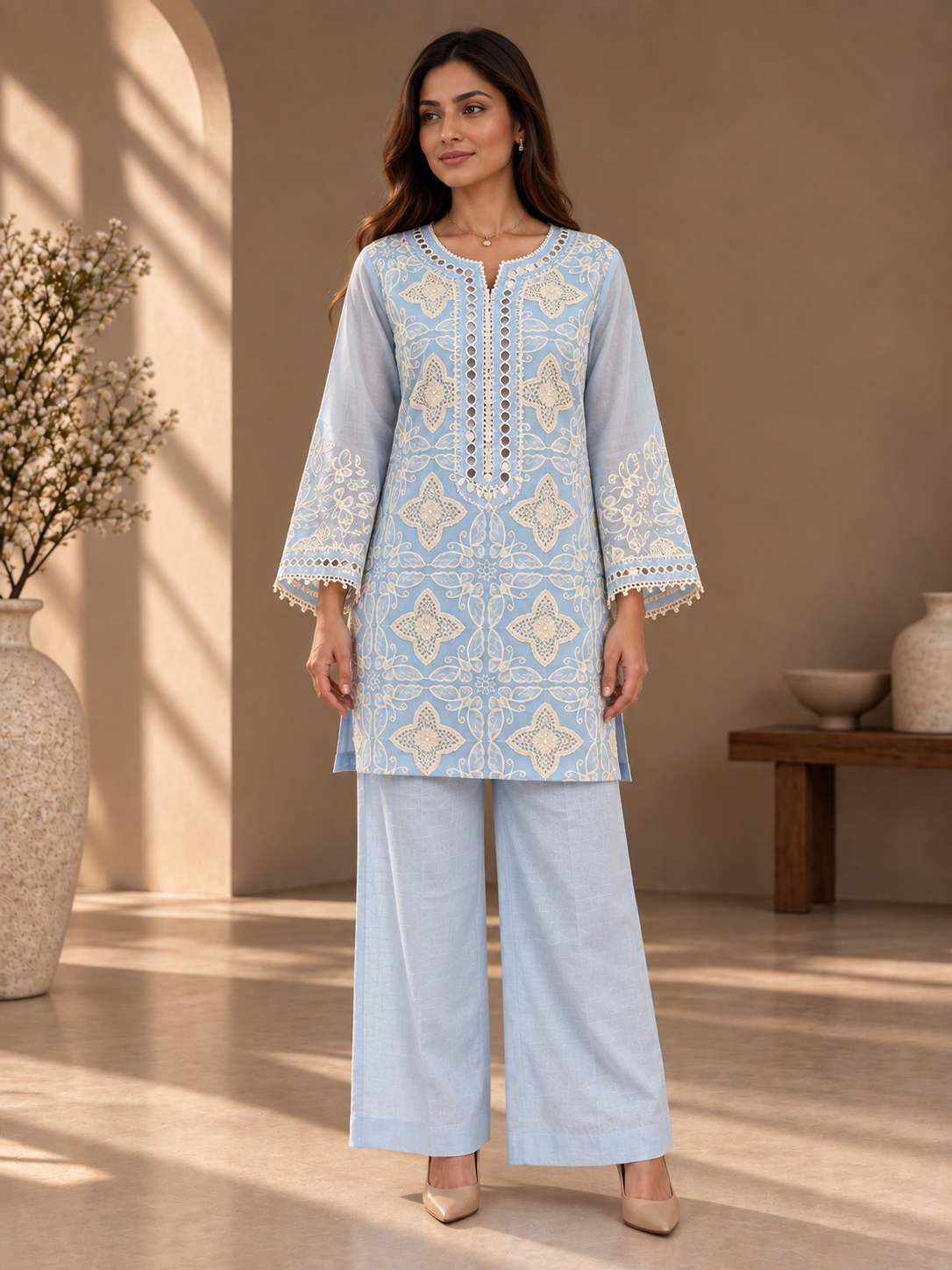 Designer Pastel Blue Hand Embroidered Coord Set