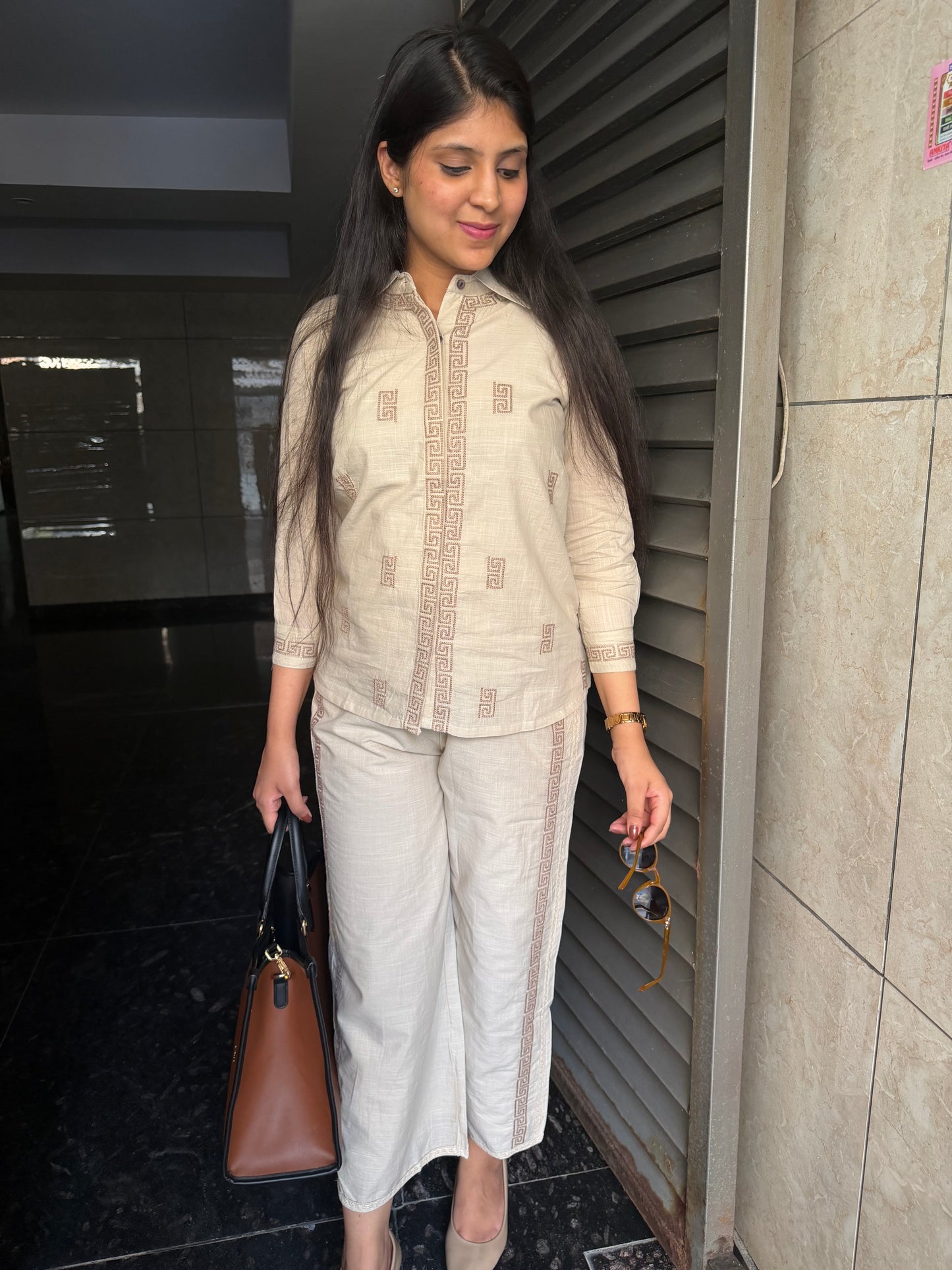 Linen embroidered coord set with wide leg pants