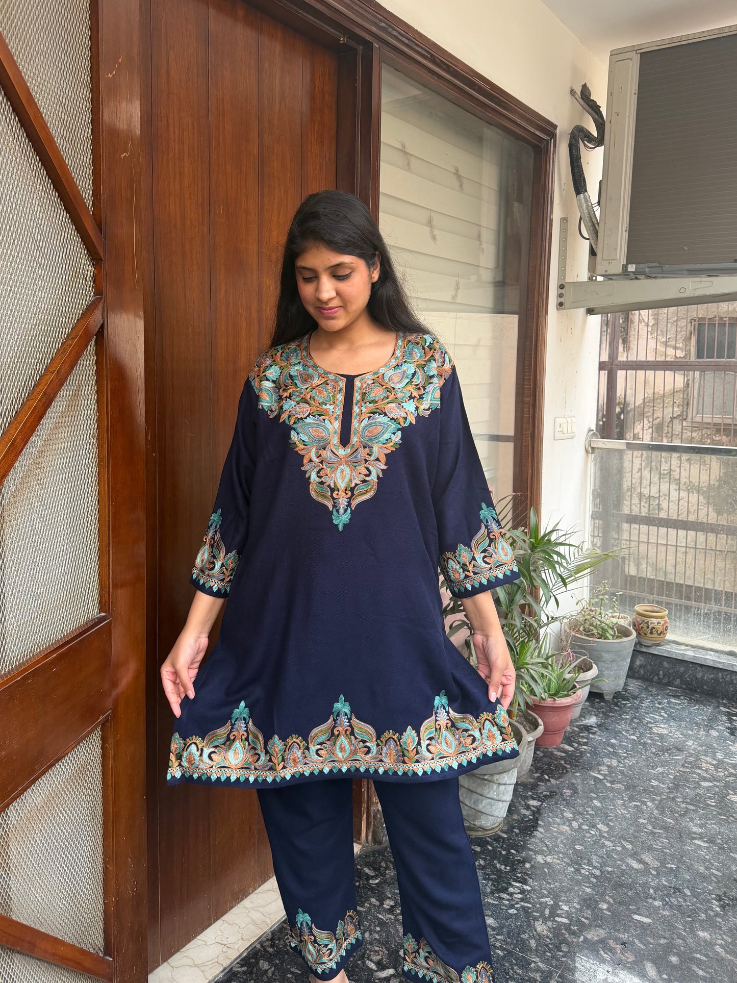 Pure wool hand embroidered aari work designer coord set