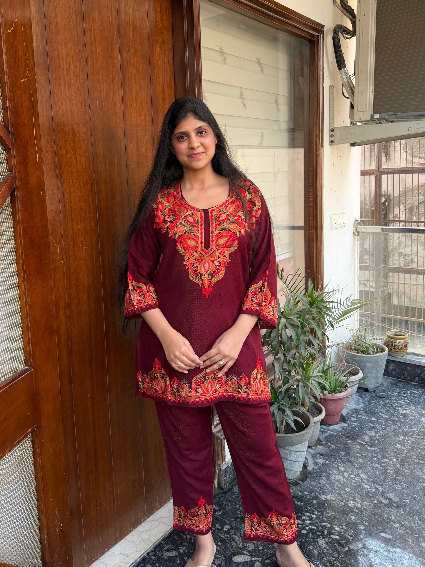 Pure wool hand embroidered aari work designer coord set