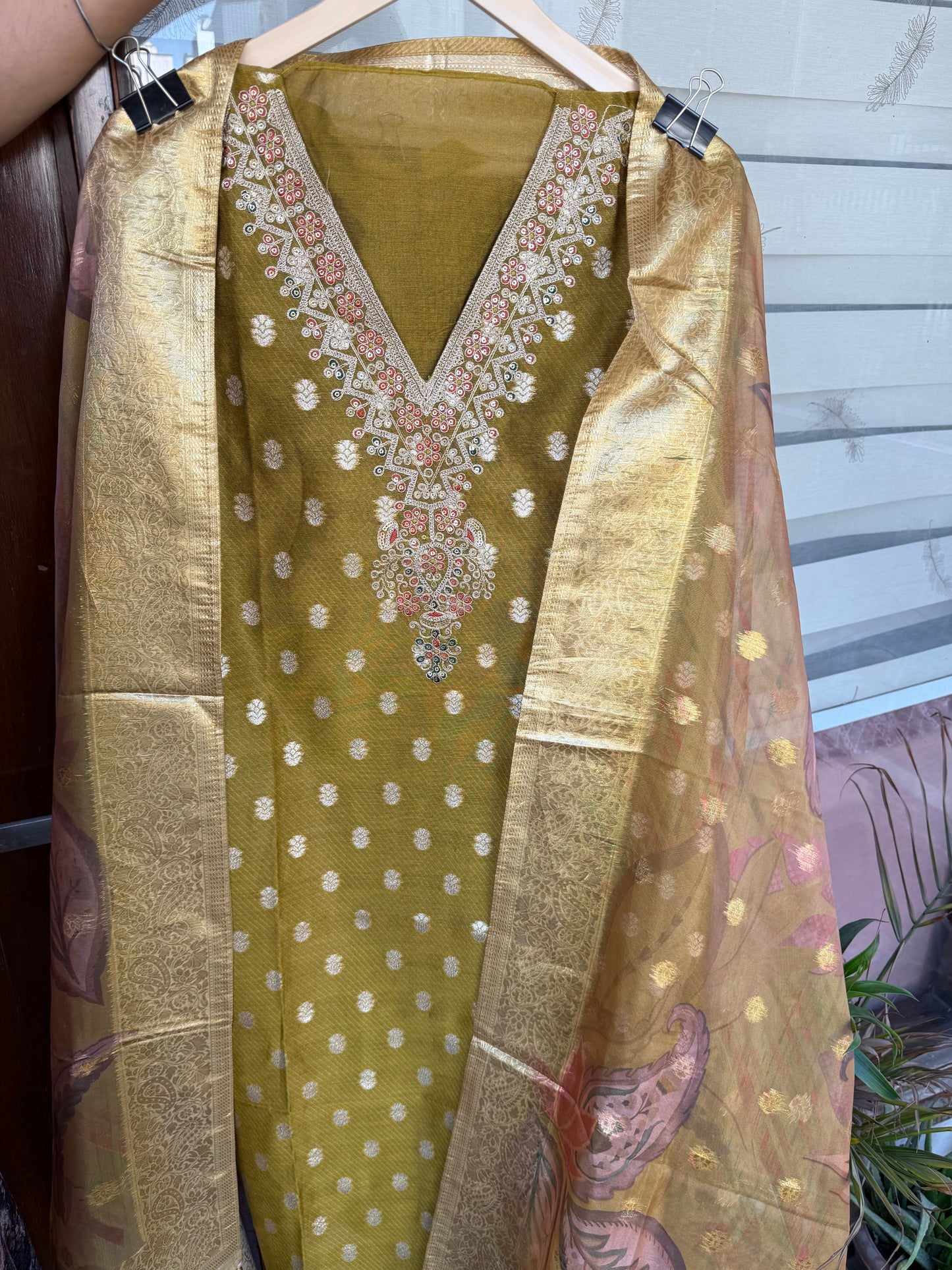 Banarasi silk suit with organza dupatta with hand work