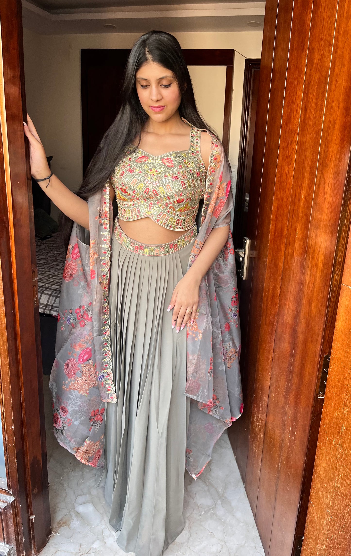 Indo western Cape set with crop top and skirt