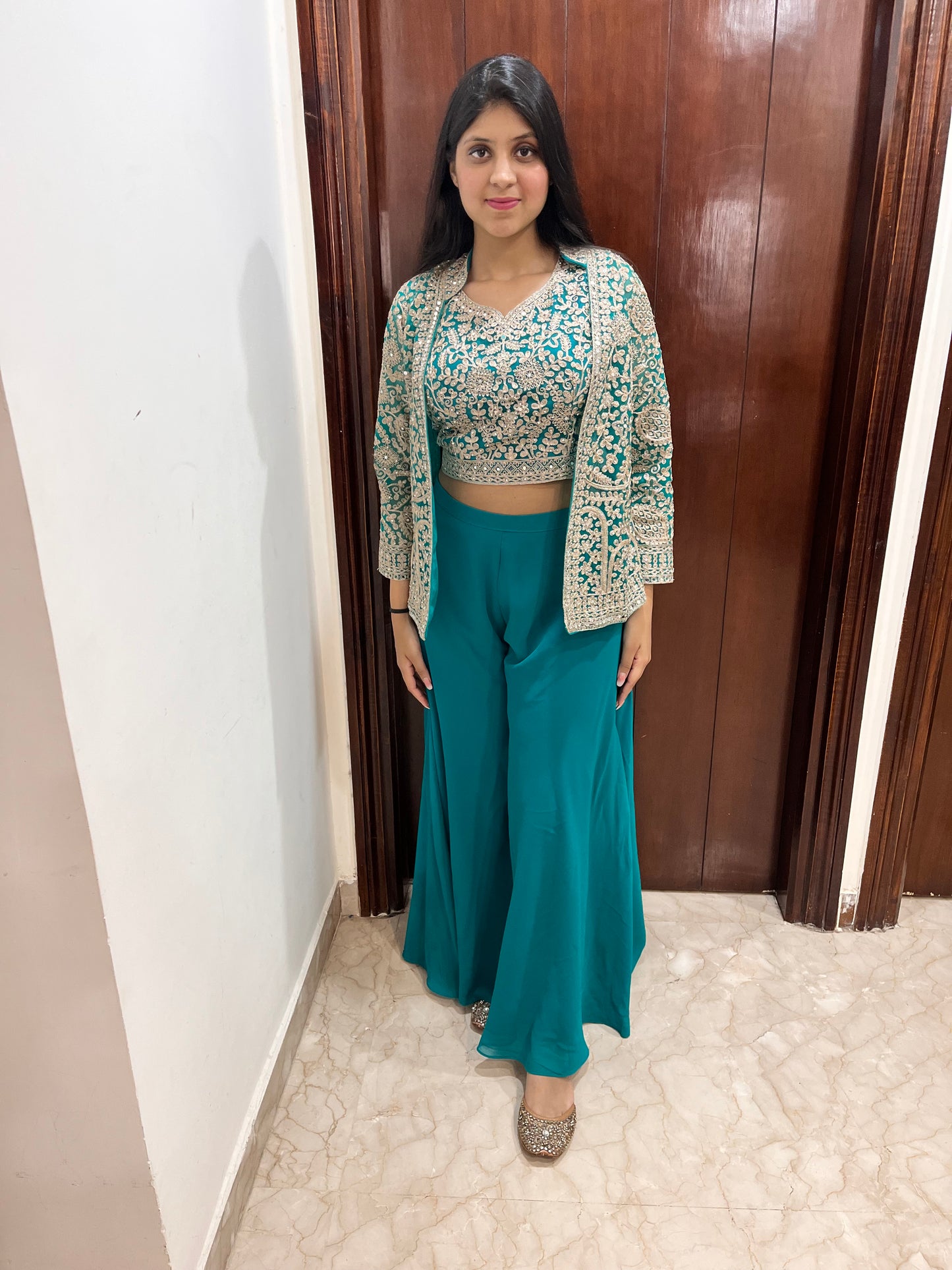 Hand embellished jacket with crop top and sharara - 3 piece indo western dress