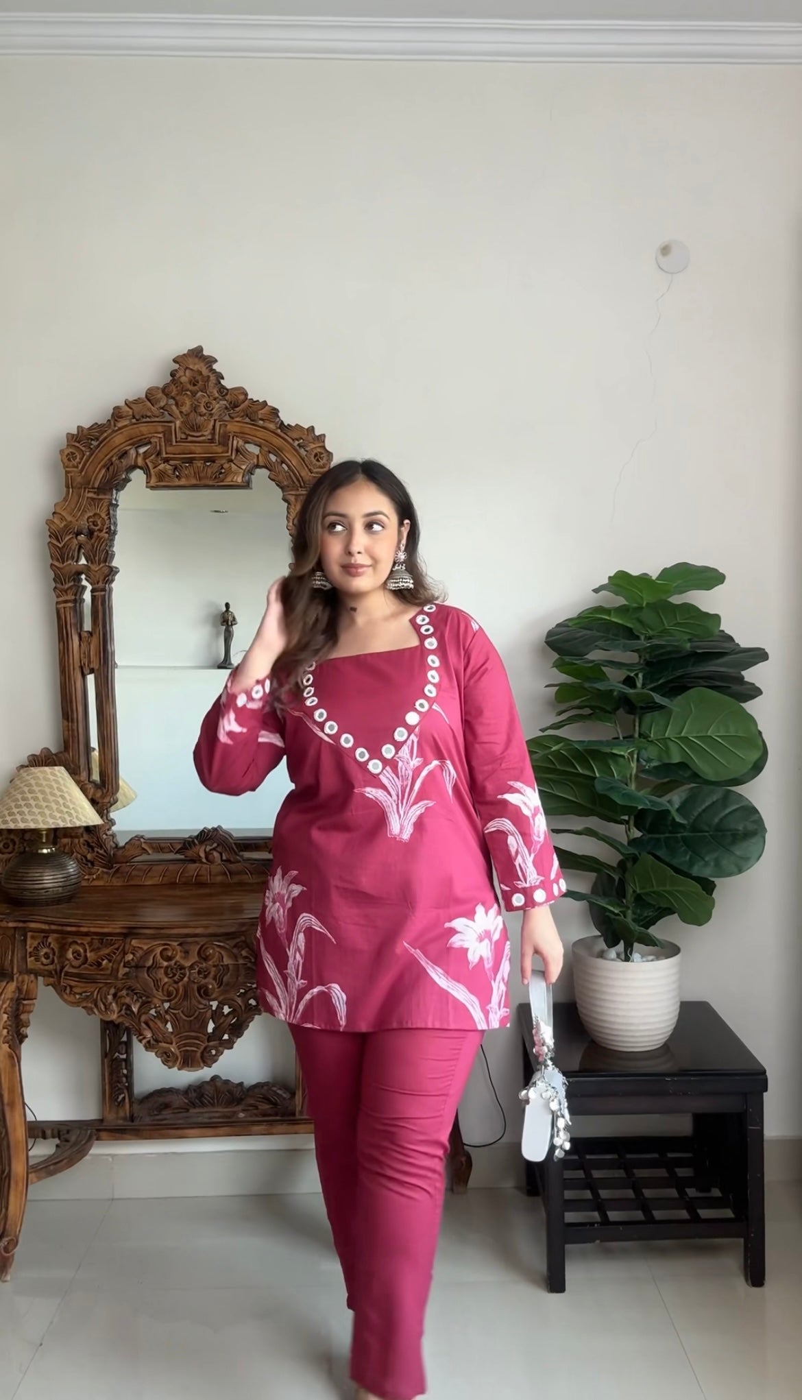 Floral red mul cotton 2 piece coord set