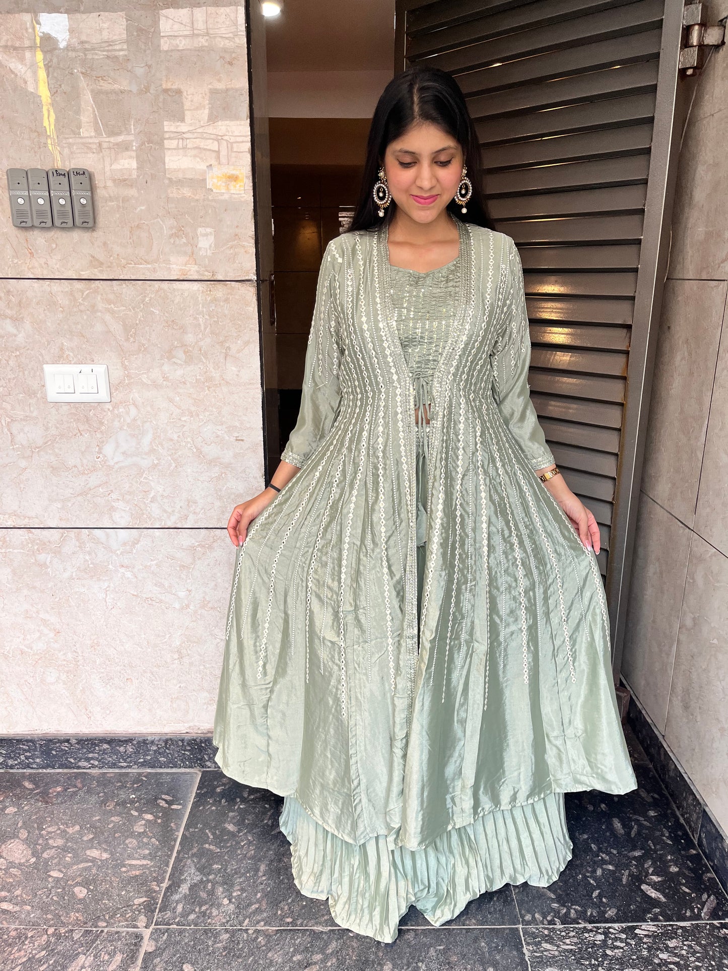 Hand embellished cape set with crop top and skirt