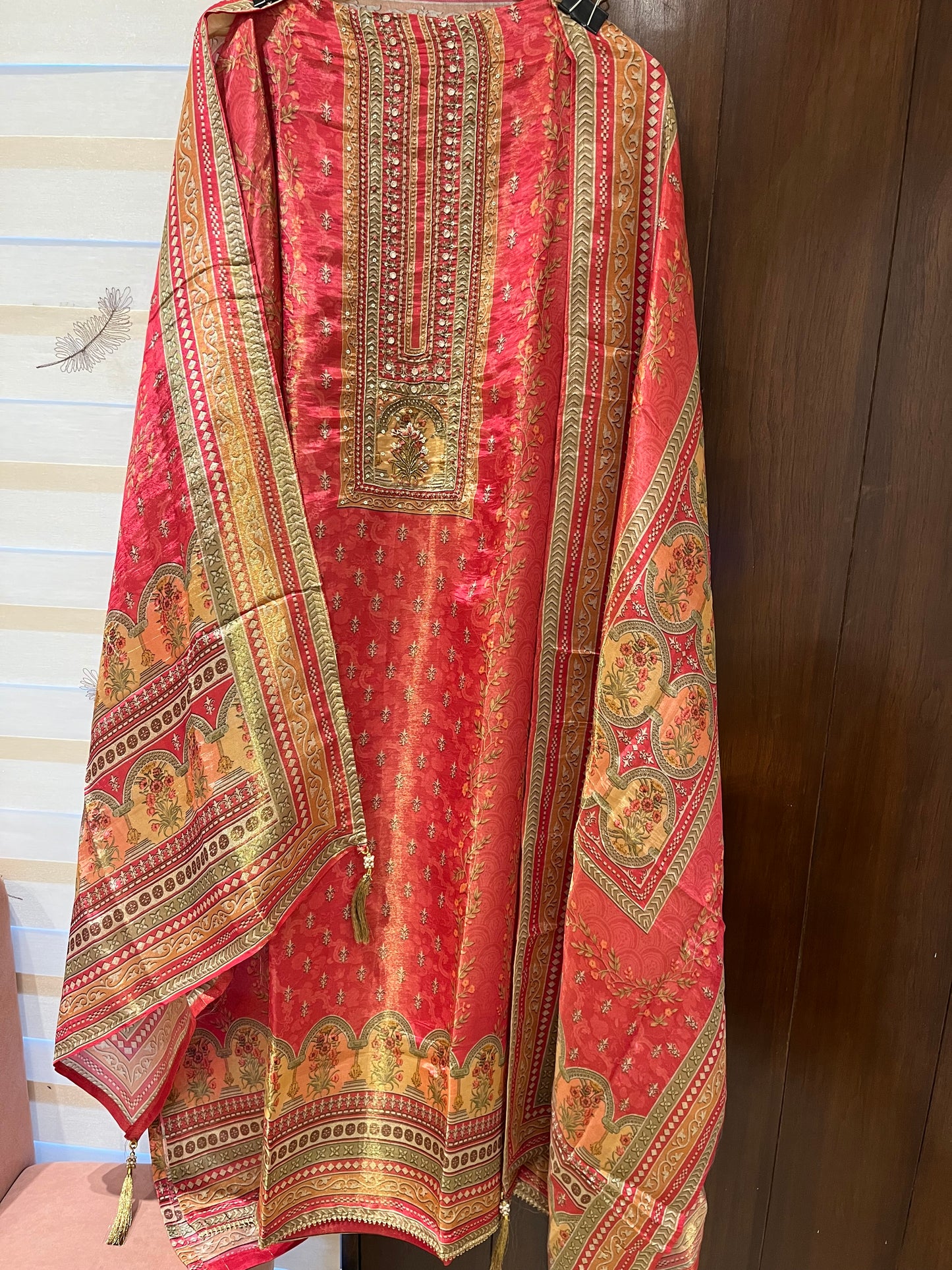 Shimmer silk suit with digital dupatta and hand work