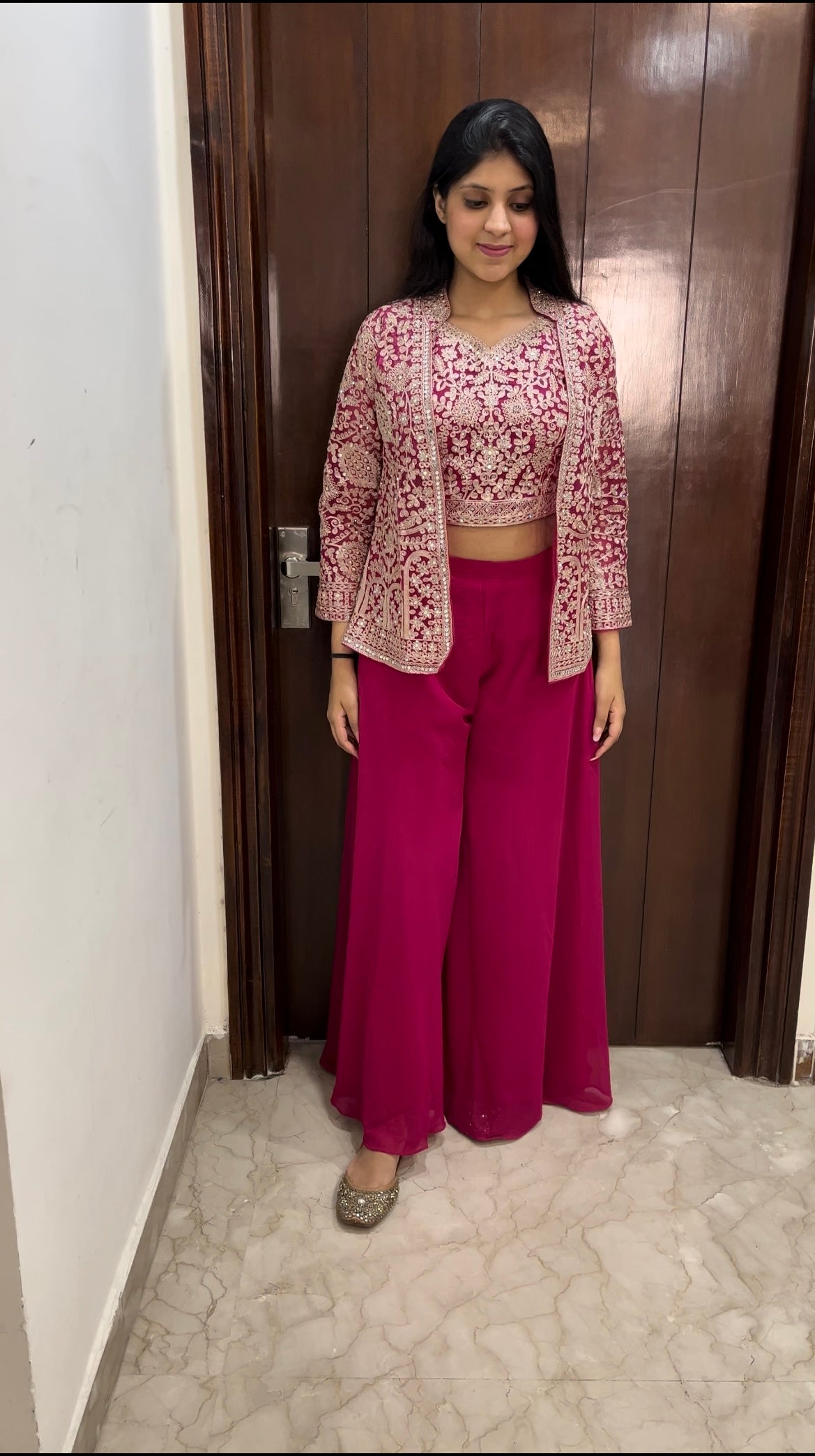 Hand embellished jacket with crop top and sharara - 3 piece indo western dress