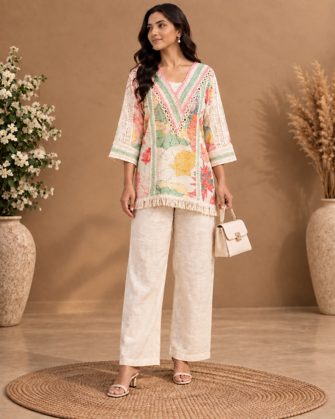 Women Jute Floral Beige Coord Set