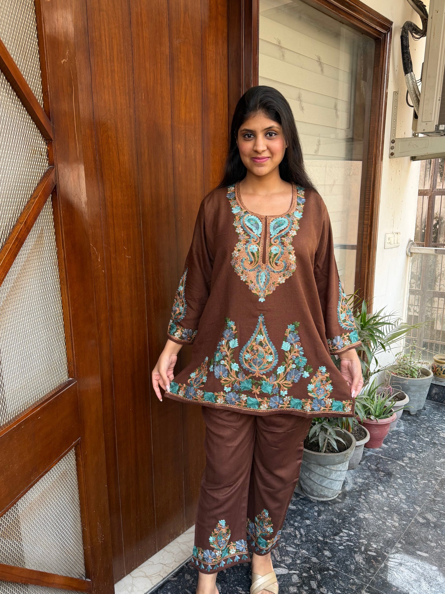 Pure wool hand embroidered aari work designer coord set