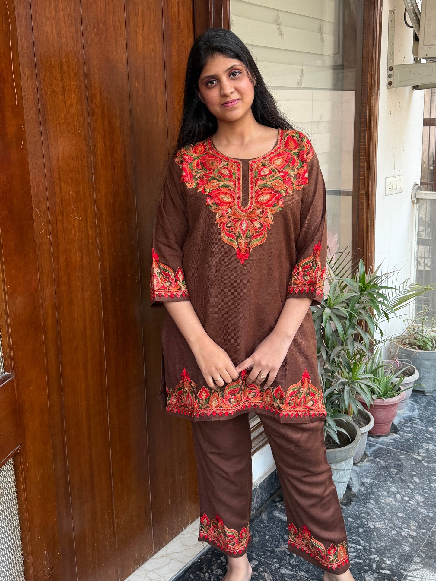 Pure wool hand embroidered aari work designer coord set