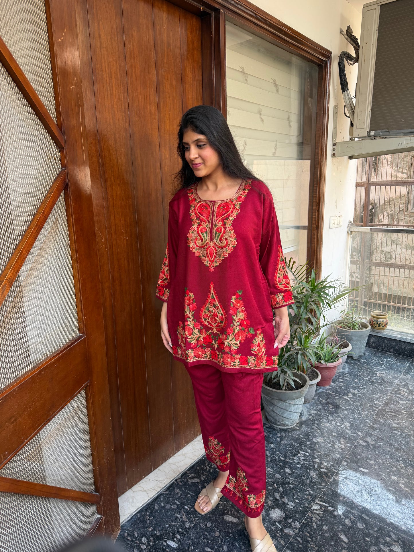 Pure wool hand embroidered aari work designer coord set