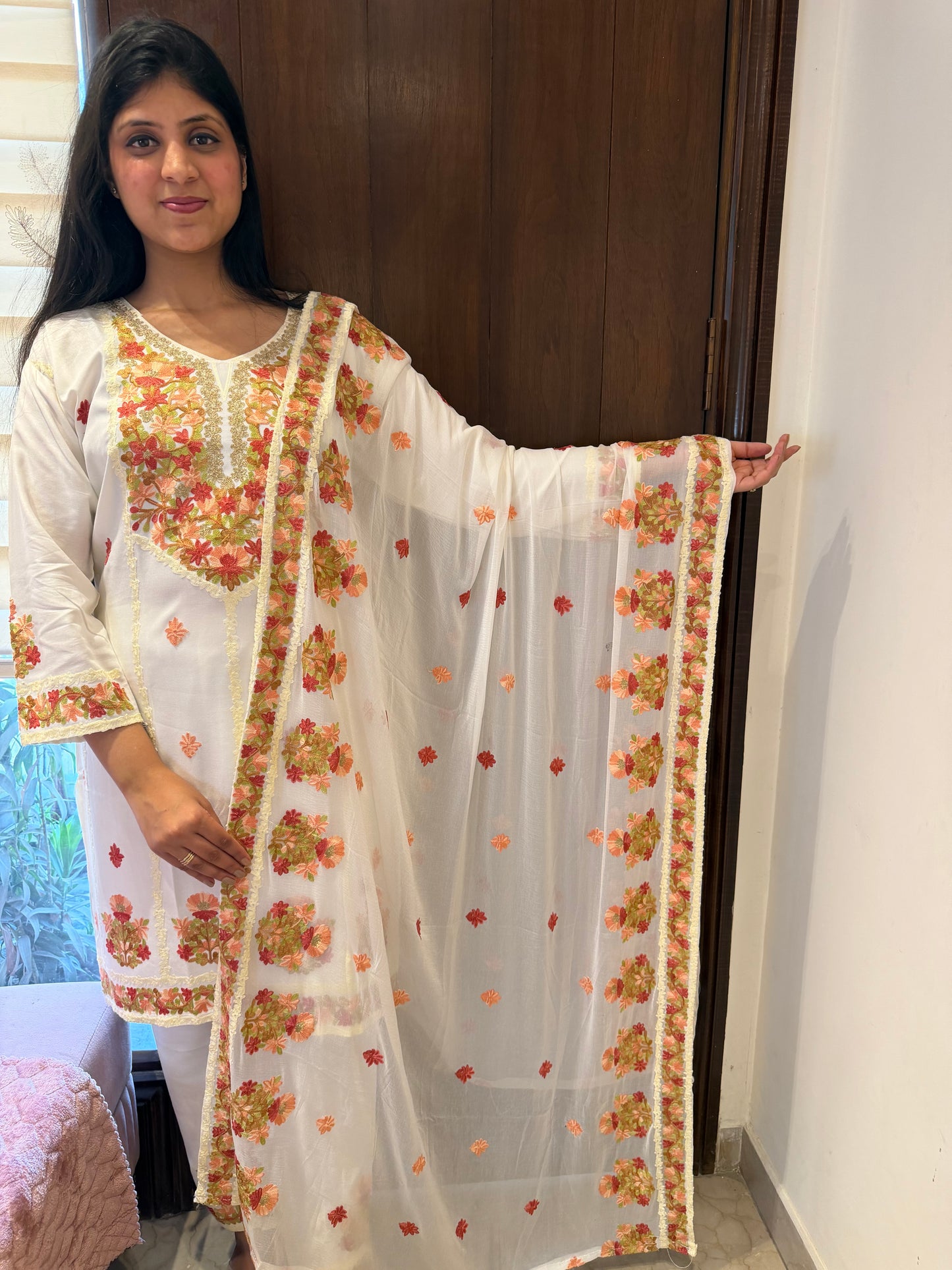Designer Aari Embroidered Suit Set for Women – 3 Piece Kurta, Pant & Dupatta