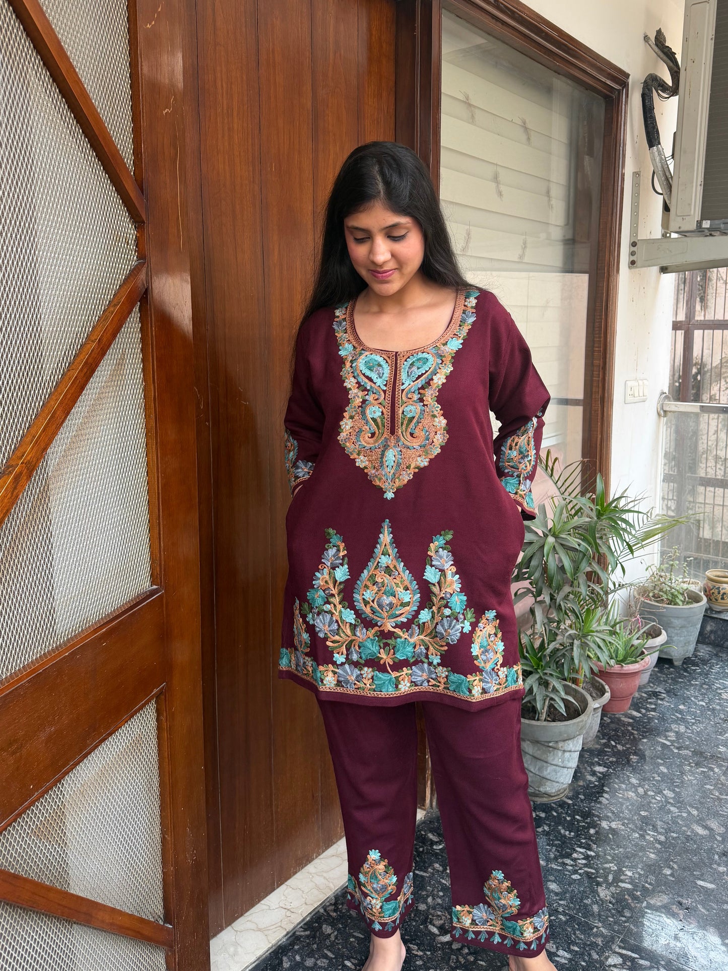 Pure wool hand embroidered aari work designer coord set