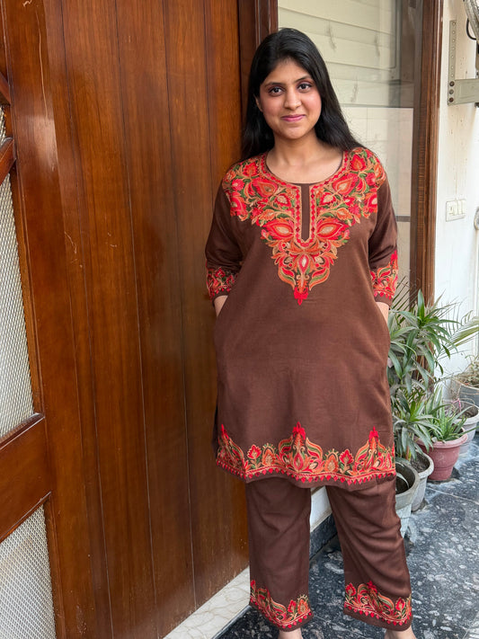 Pure wool hand embroidered aari work designer coord set