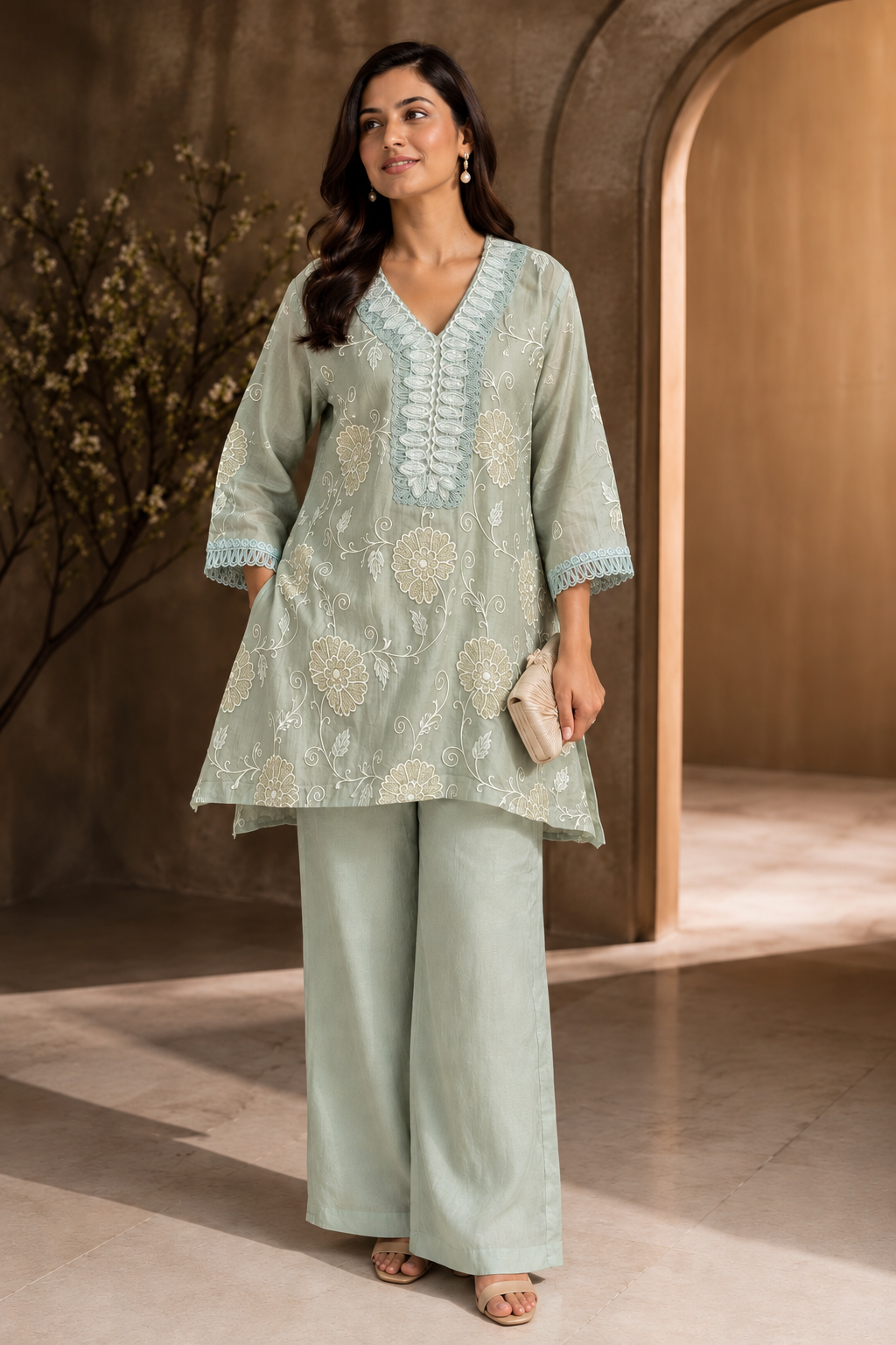 Elegant Sage Green Embroidered Coord Set