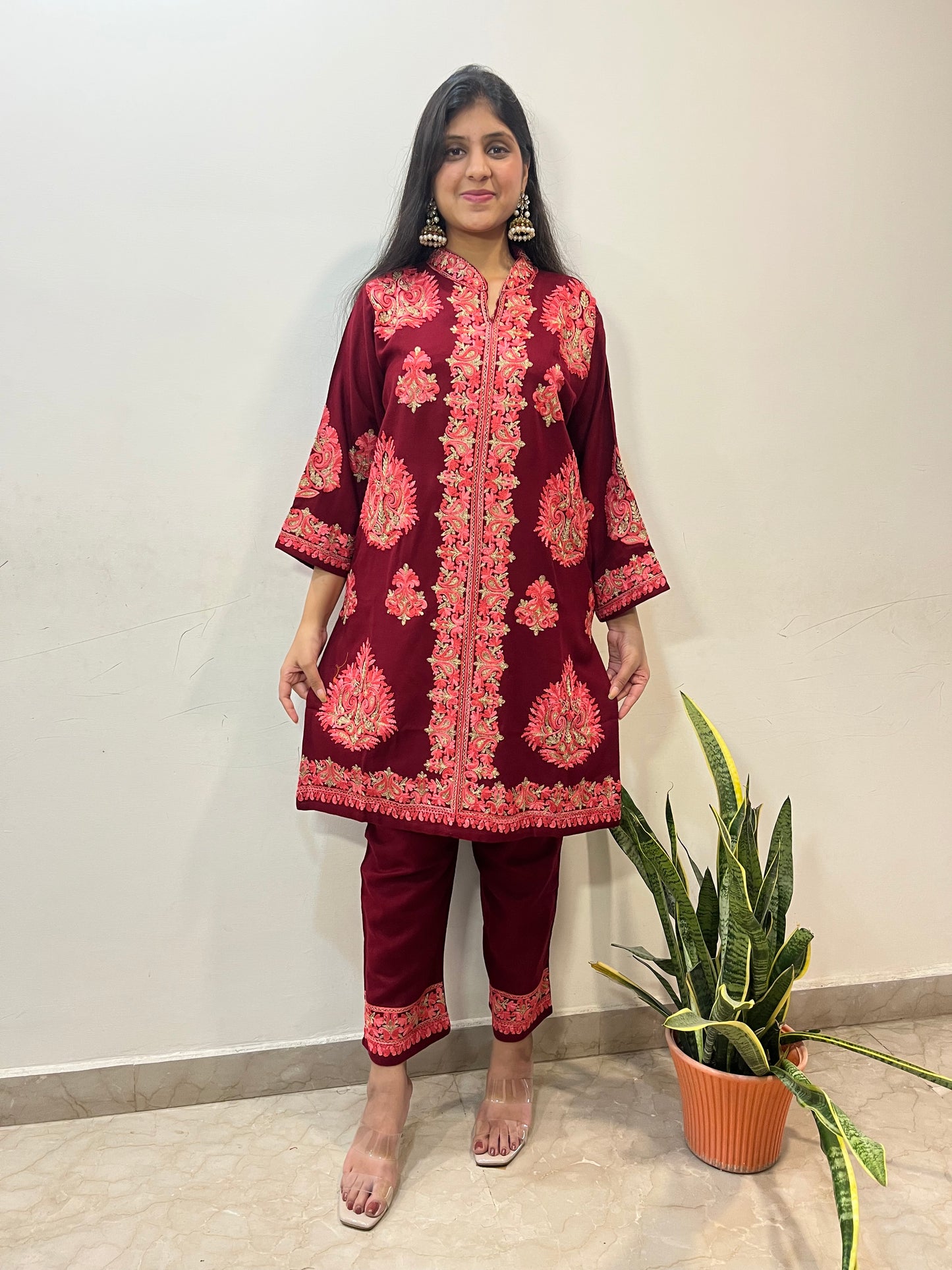 Pashmina hand embroidered designer  coord set with aari work