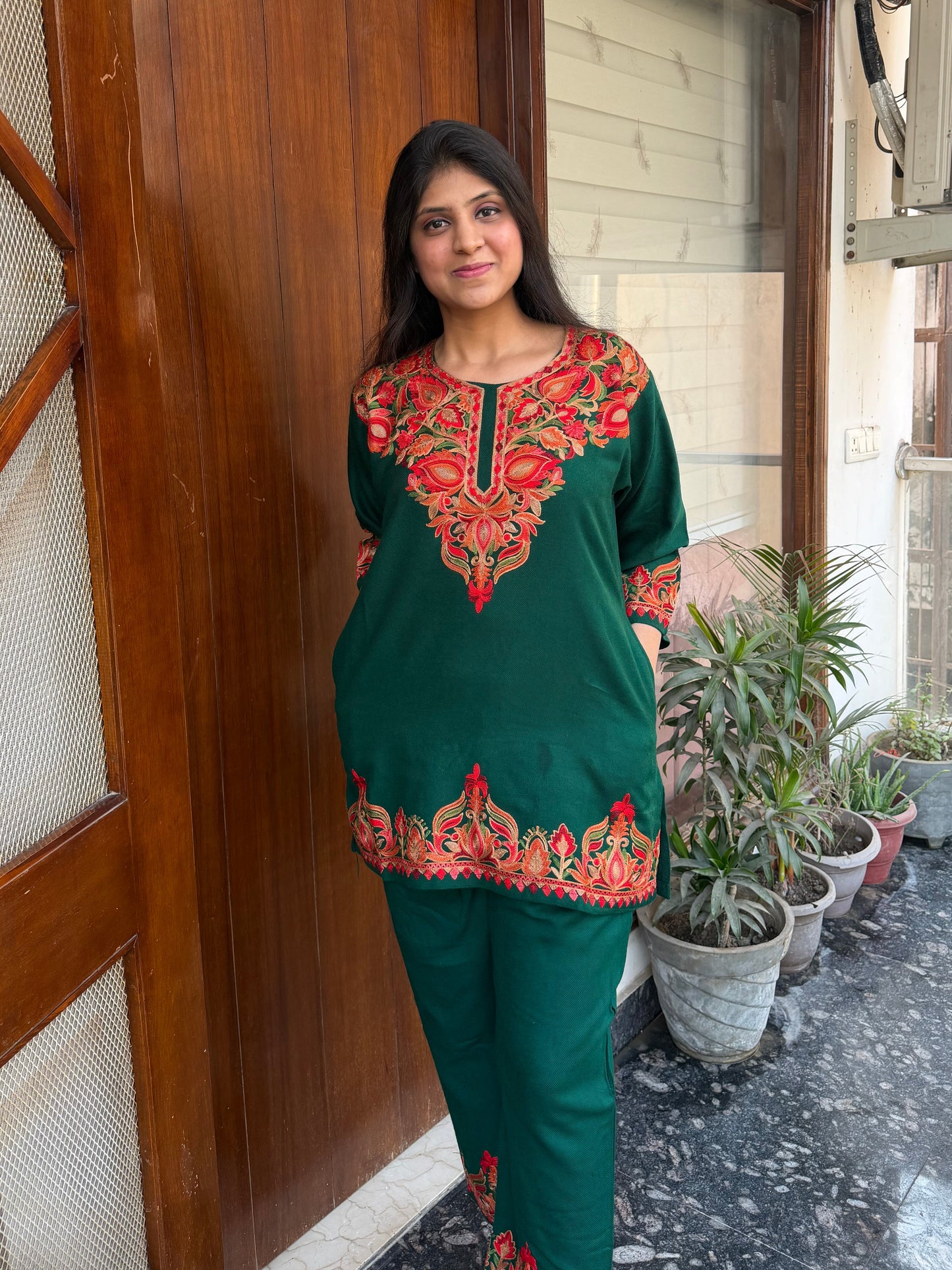 Pure wool hand embroidered aari work designer coord set