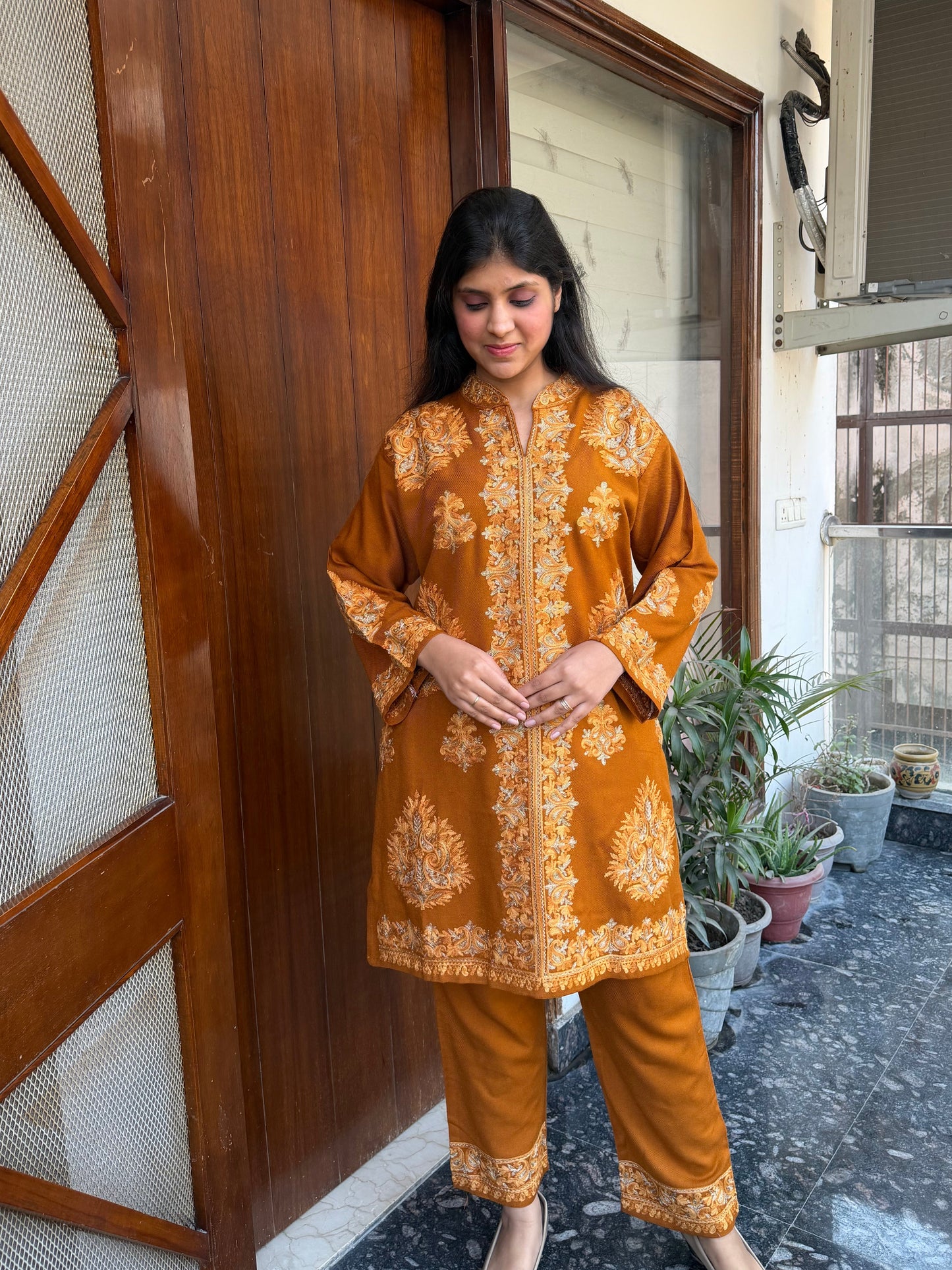 Pashmina hand embroidered designer coord set with aari work