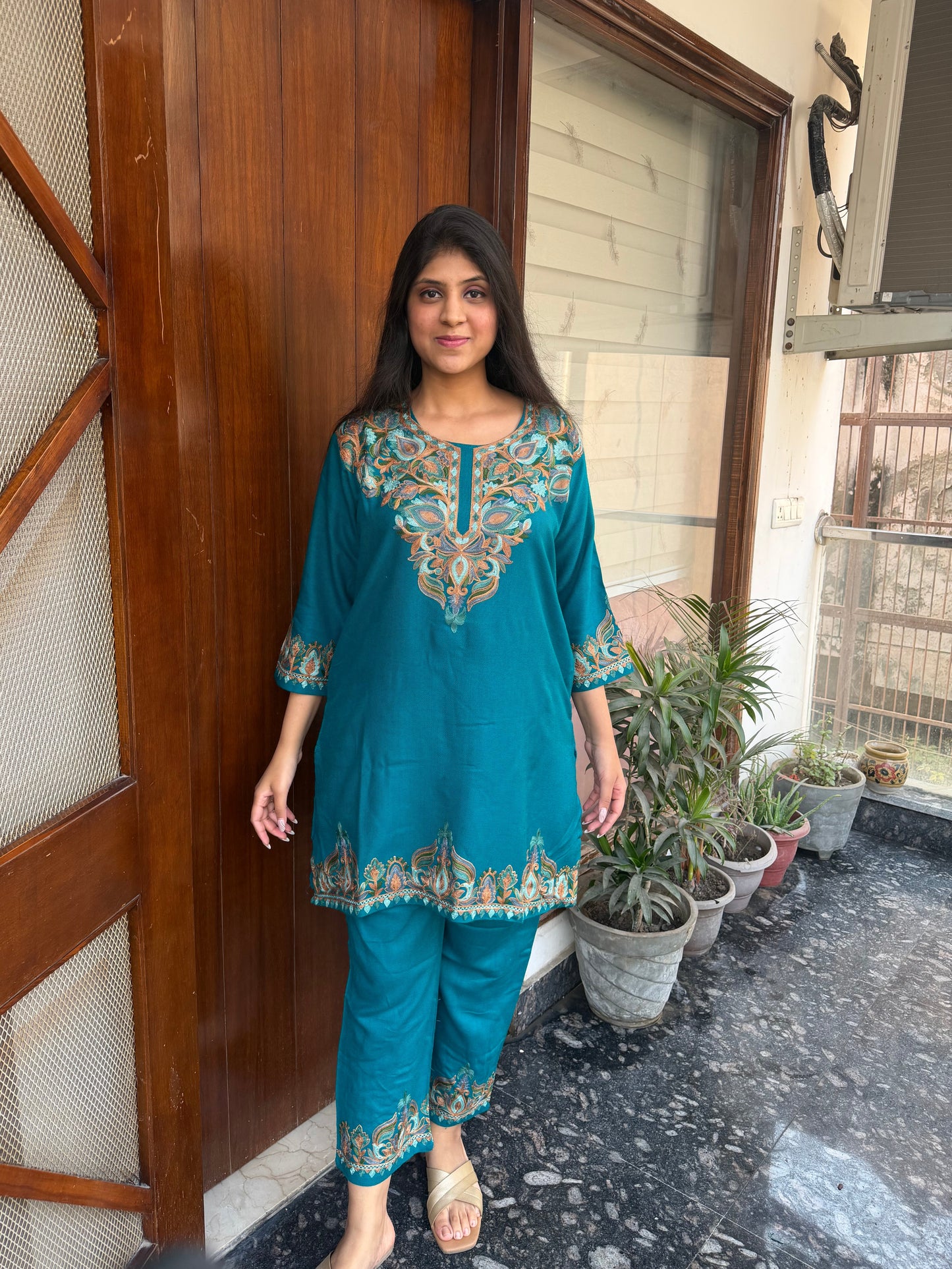 Pure wool hand embroidered aari work designer coord set