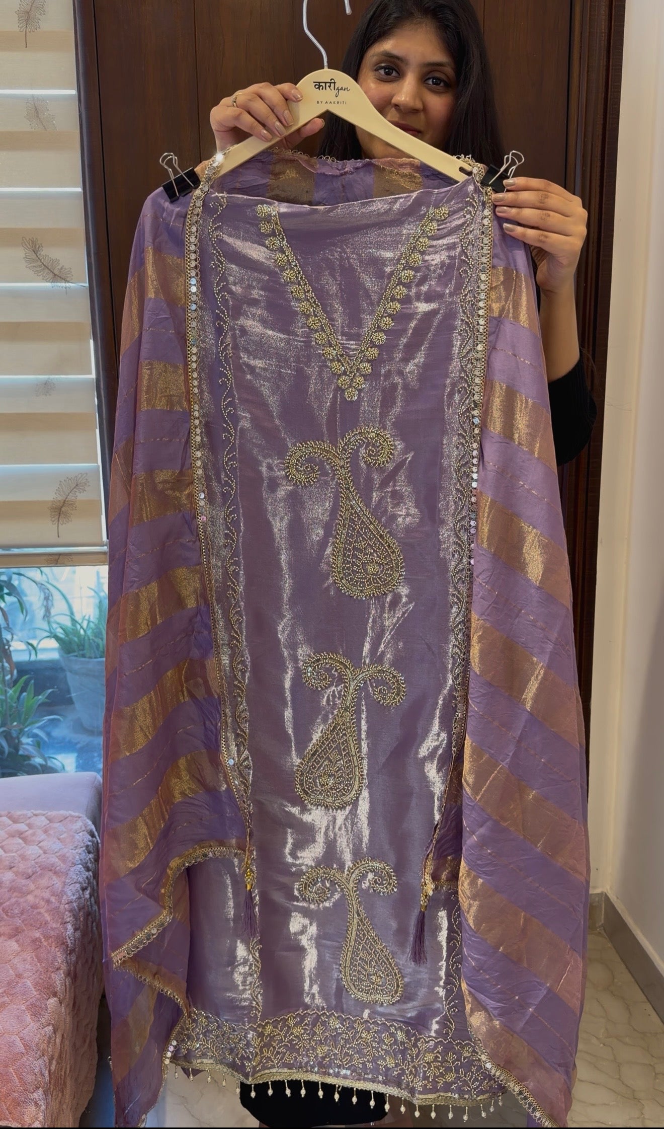 `Maisha’ Glass silk designer 3 piece suit set with handwork