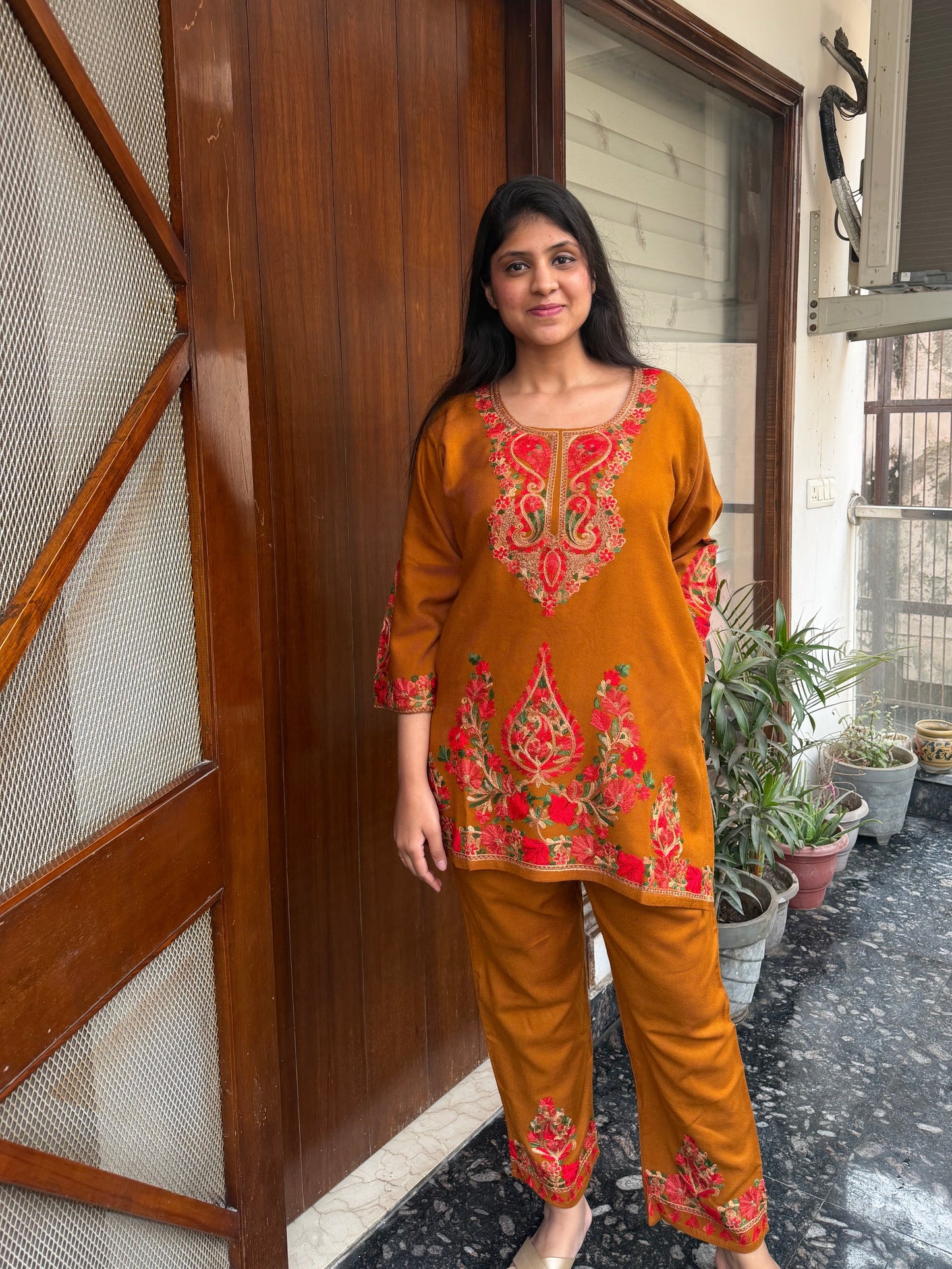 Pure wool hand embroidered aari work designer coord set