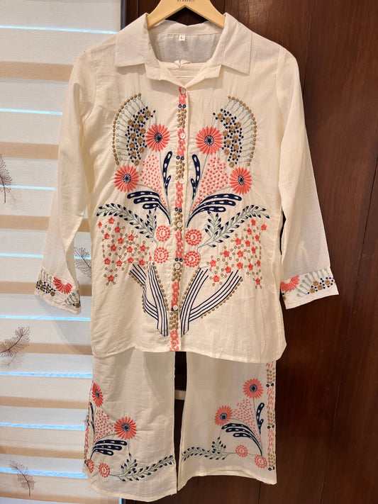 White Embroidered Cotton Mul Co-ord Set- Set of 2